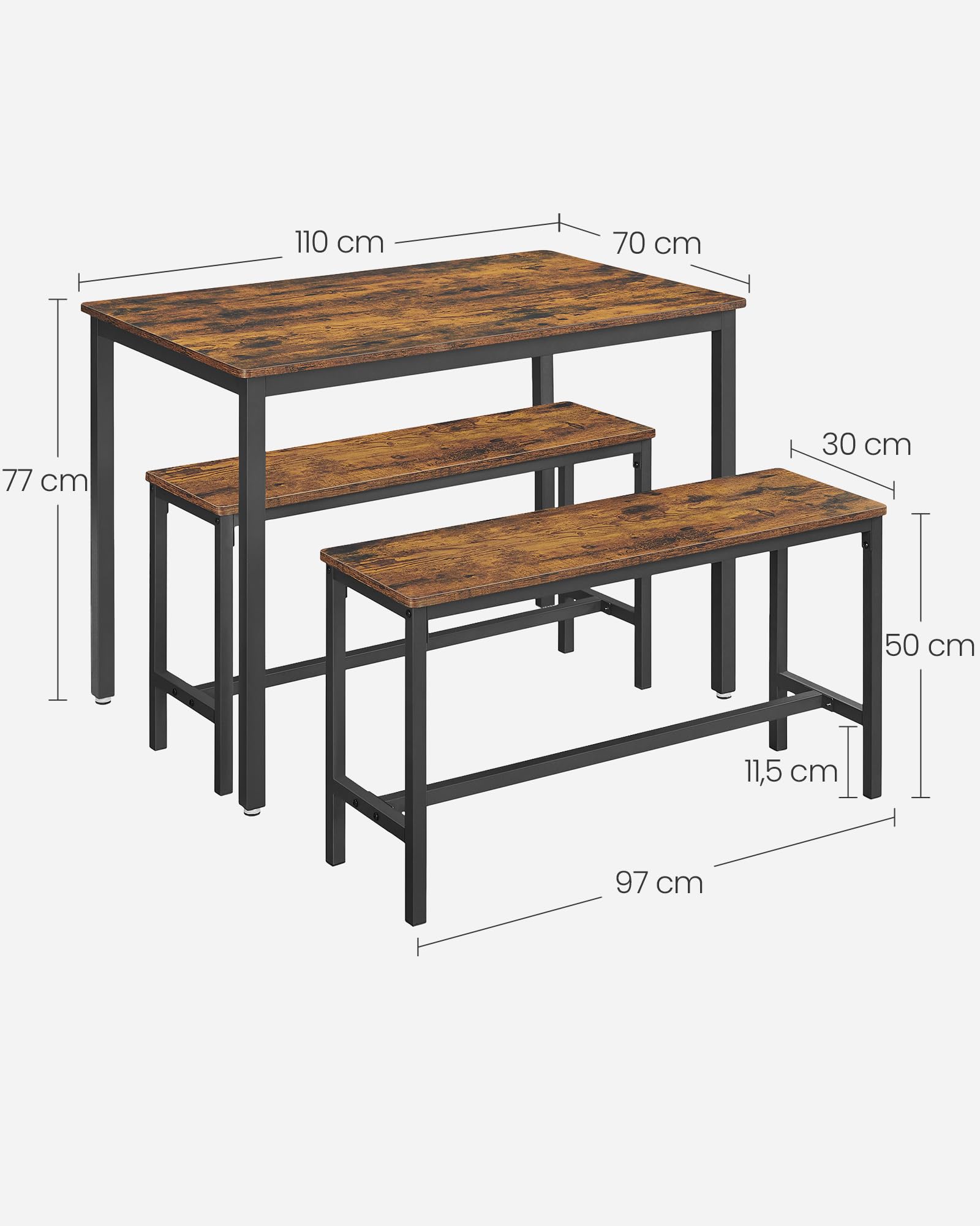 VASAGLE Esstisch mit 2 Bänken, 3er-Set, Küchentisch 70 x 110 x 75 cm, 2 Bänke je 30 x 97 x 50 cm, Stahlgestell, vintagebraun-tintenschwarz KDT070B01