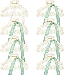 DEEKA Bridesmaid Proposal Gifts 8 Pack Pearl Bridesmaid Hair Claw Clips with Ribbon 3 Inch Hair Clips Bachelorette Party Favors Bridal Party Present Hair Accessories (Half Circle White&Green)