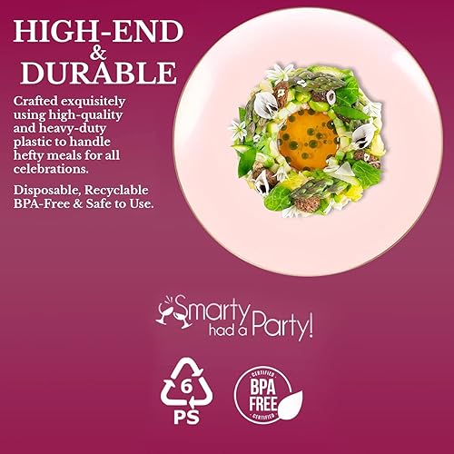 Miniatura 3 de Platos de plástico desechables con diseño de borde, vajilla redonda orgánica a granel para bodas, cumpleaños y todas las ocasiones (rosa con oro,