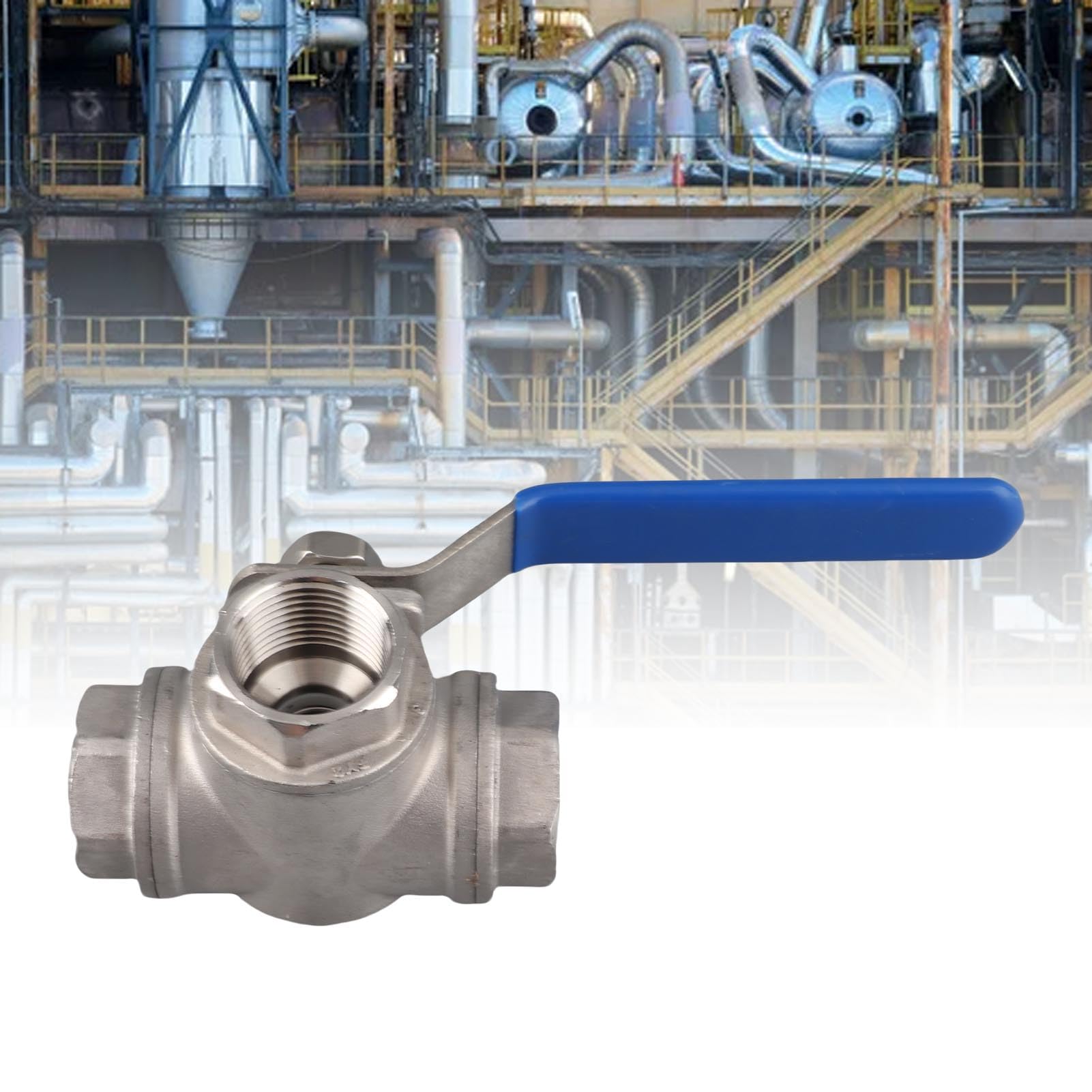 Válvula de Bola DN20 de 3/4" con Rosca Hembra, de Acero Inoxidable, de 3 vías, Tipo T, de Paso Total, para regulación de fluidos (Agua, Aceite, Vapor) y Control.
