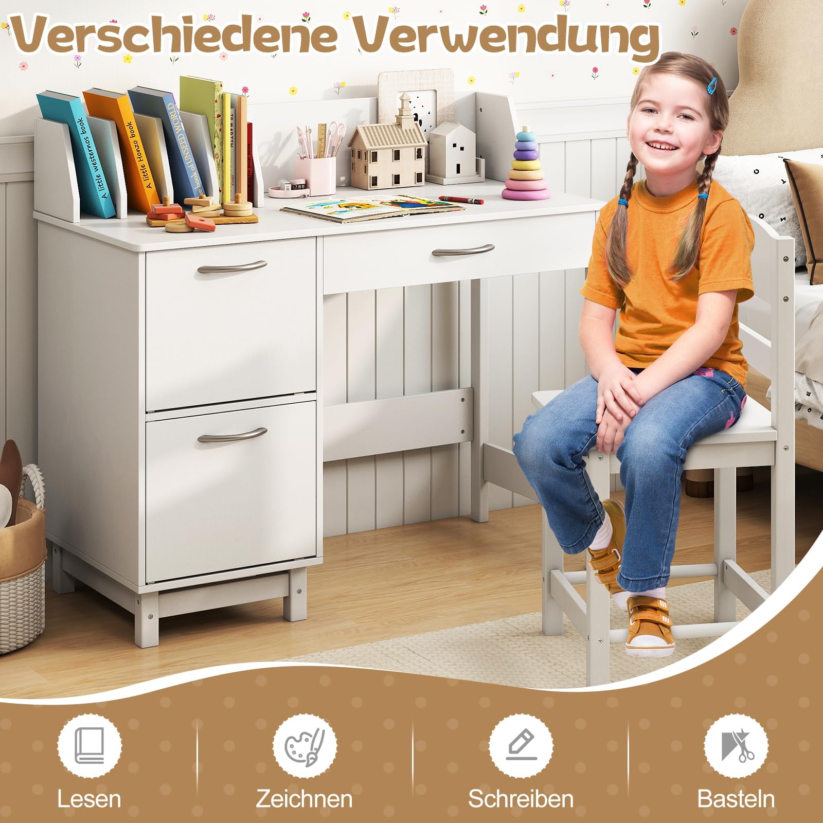 COSTWAY Schreibtisch Kinder Set mit Stuhl, Kinderschreibtisch mit Stauraum, Schülerschreibtisch mit Regal, offener Ablage & Schrank, Jugendschreibtisch für Jungen & Mädchen ab 3 Jahren (Weiß)