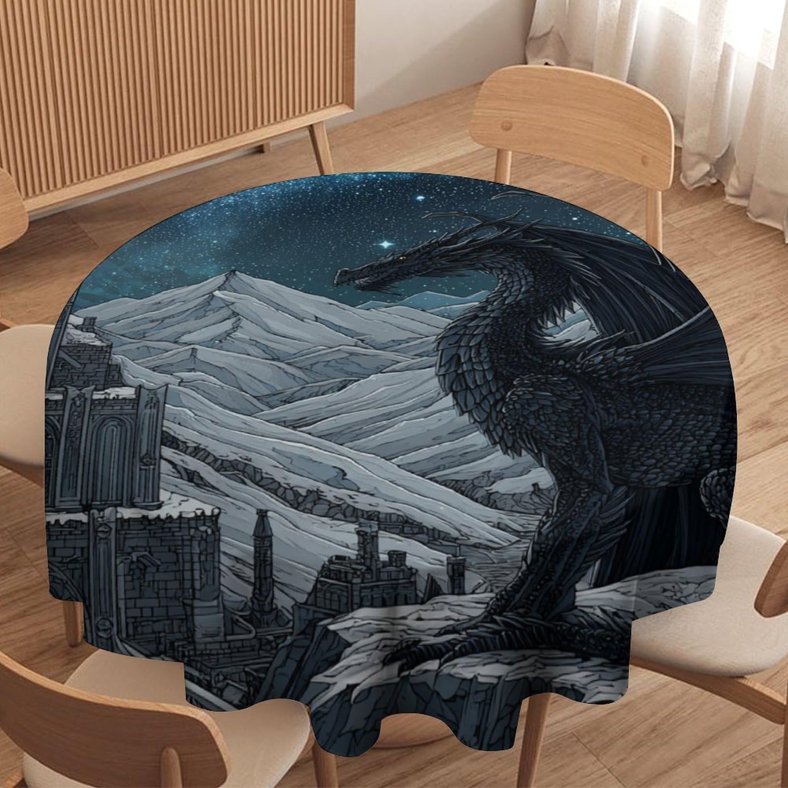 LUYYSKY Vintage Abstract Cool Dragon Round Tablecloth Classic Oil Painting Galaxy Castle Fantasy Animals Dragon Washable Decor for Table Cover for Kitchen-70 Wx70 L