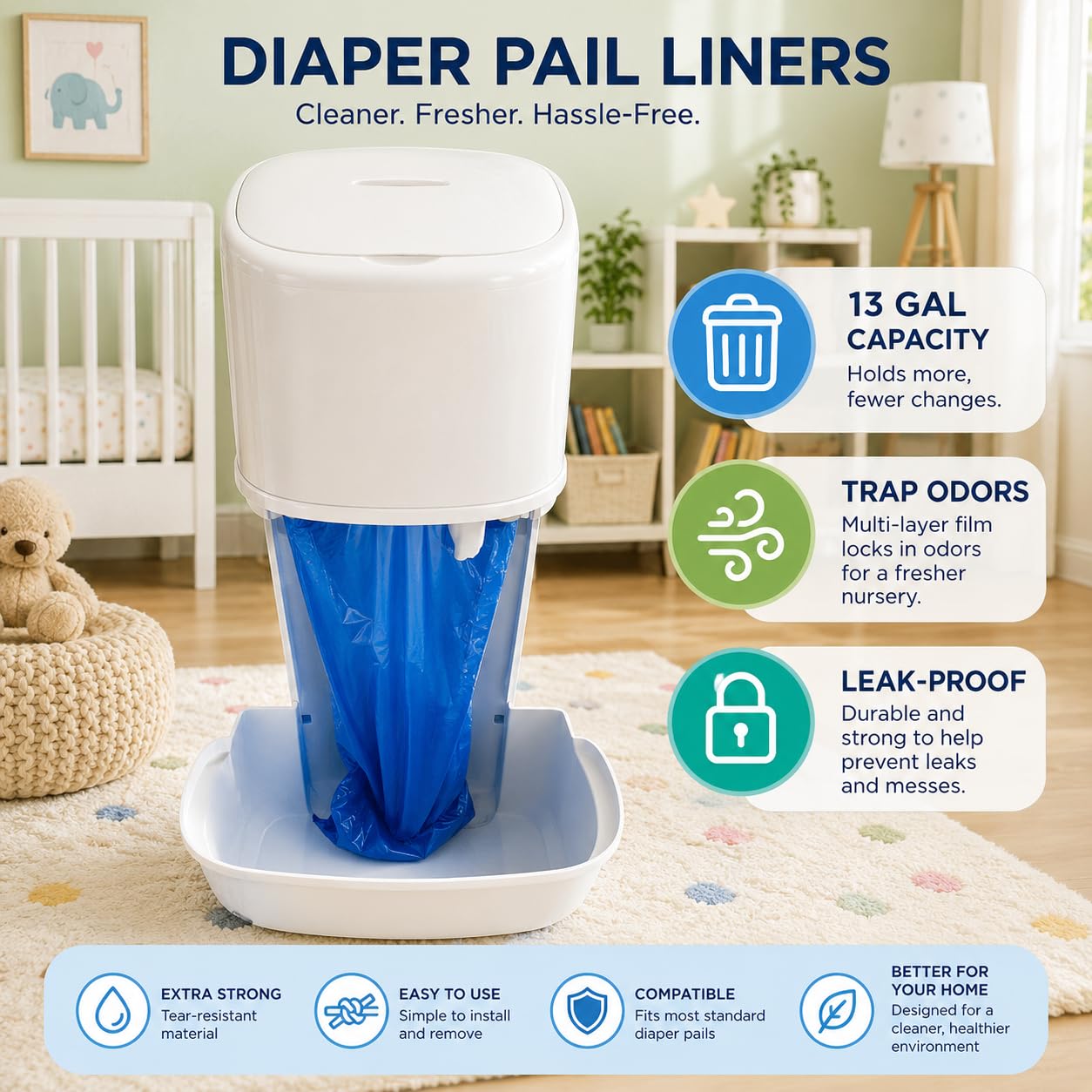 Bolsas de plástico desechables compatibles con cubos Ubbi de 13 galones de capacidad, bolsas de basura grandes y resistentes, 100 unidades (azul - grande)