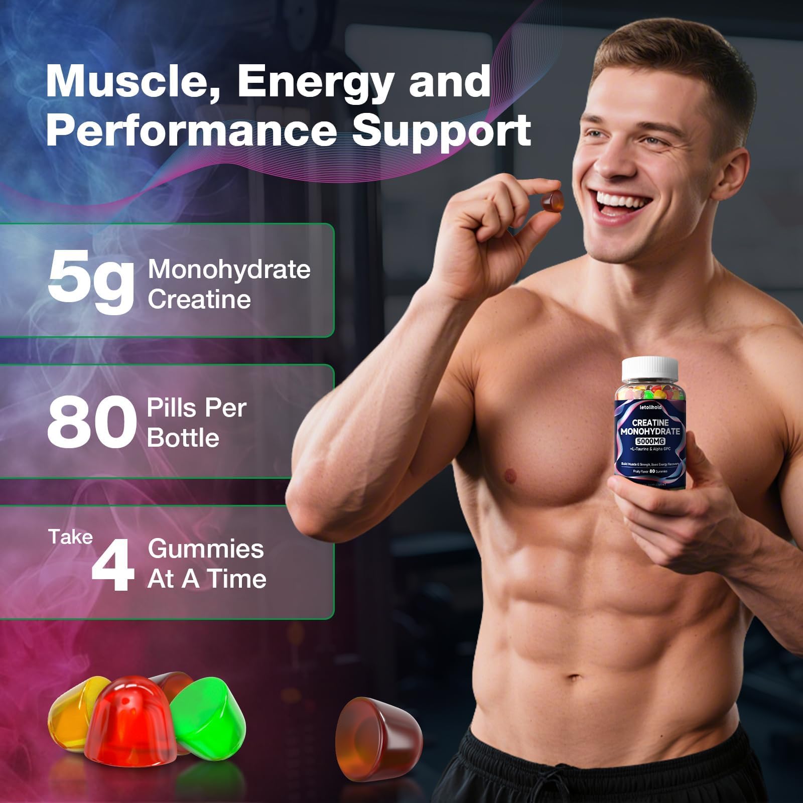 Creatine Monohydrate Gummies 5g for Women & Men - Creatine Gummies for Women Pre Workout Chewables with L-Taurine & Alpha GPC, Sugar-Free Muscle Builder, Energy Boost, Vegan Non-GMO (160 Count) — Amazon image 7