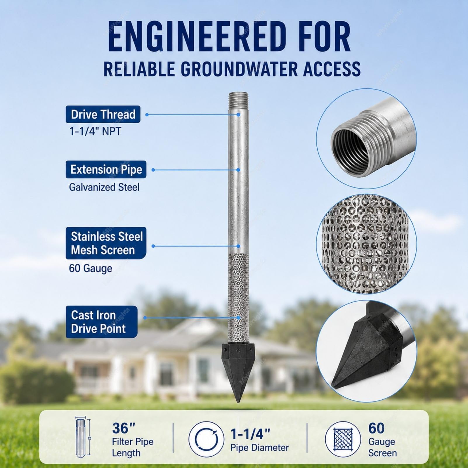 Kit de Forage de puits d'eau, Disponible en configurations de 4 m ou 6 m, Pointe de puits enfoncée de 1-1/4 Pouce avec crépine en Acier Inoxydable et tuyaux d'extension galvanisés 4M
