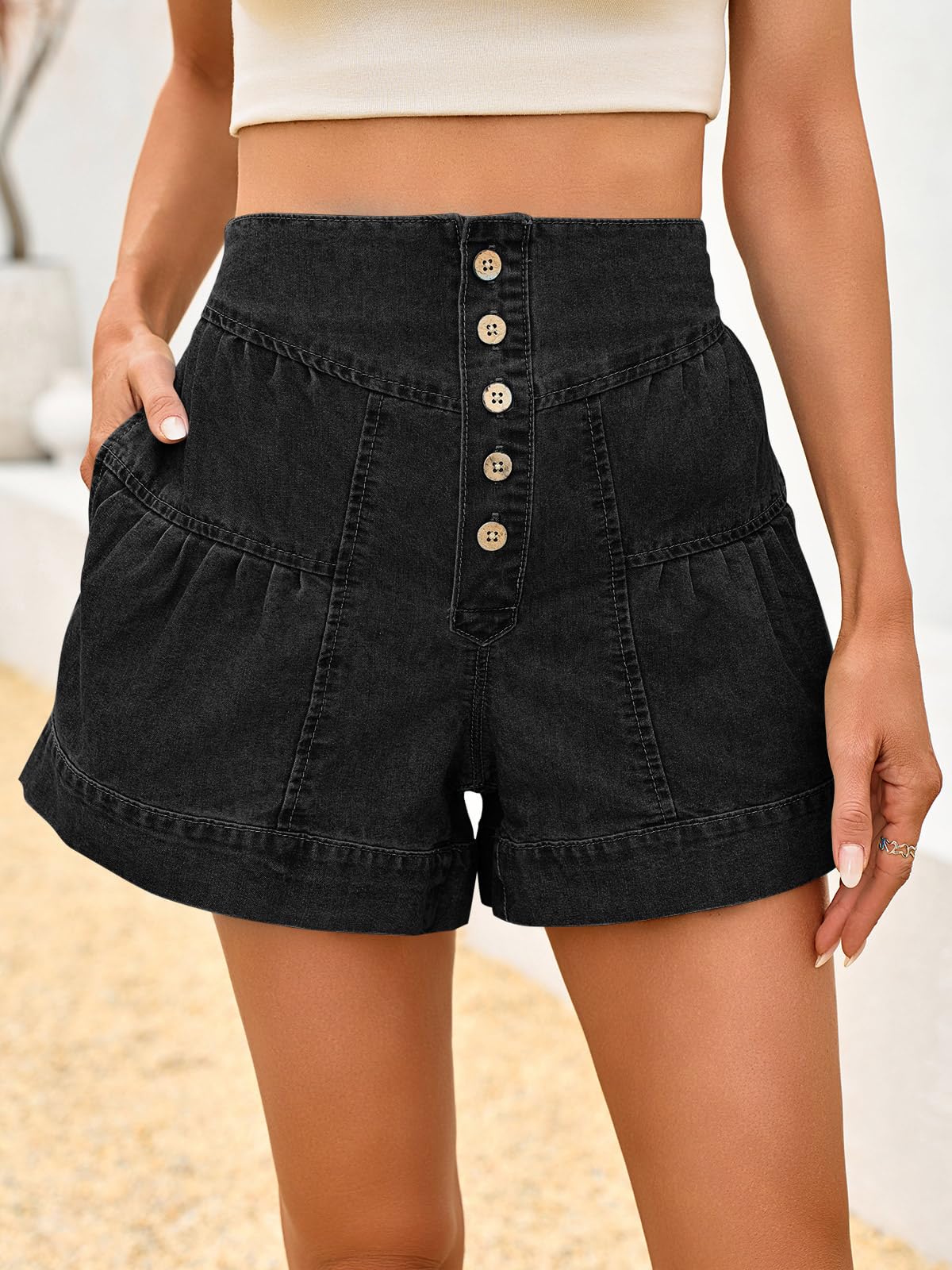 Cicy Bell Pantaloncini estivi da donna in jeans fluidi con bottoni a vita alta a gamba larga con tasche