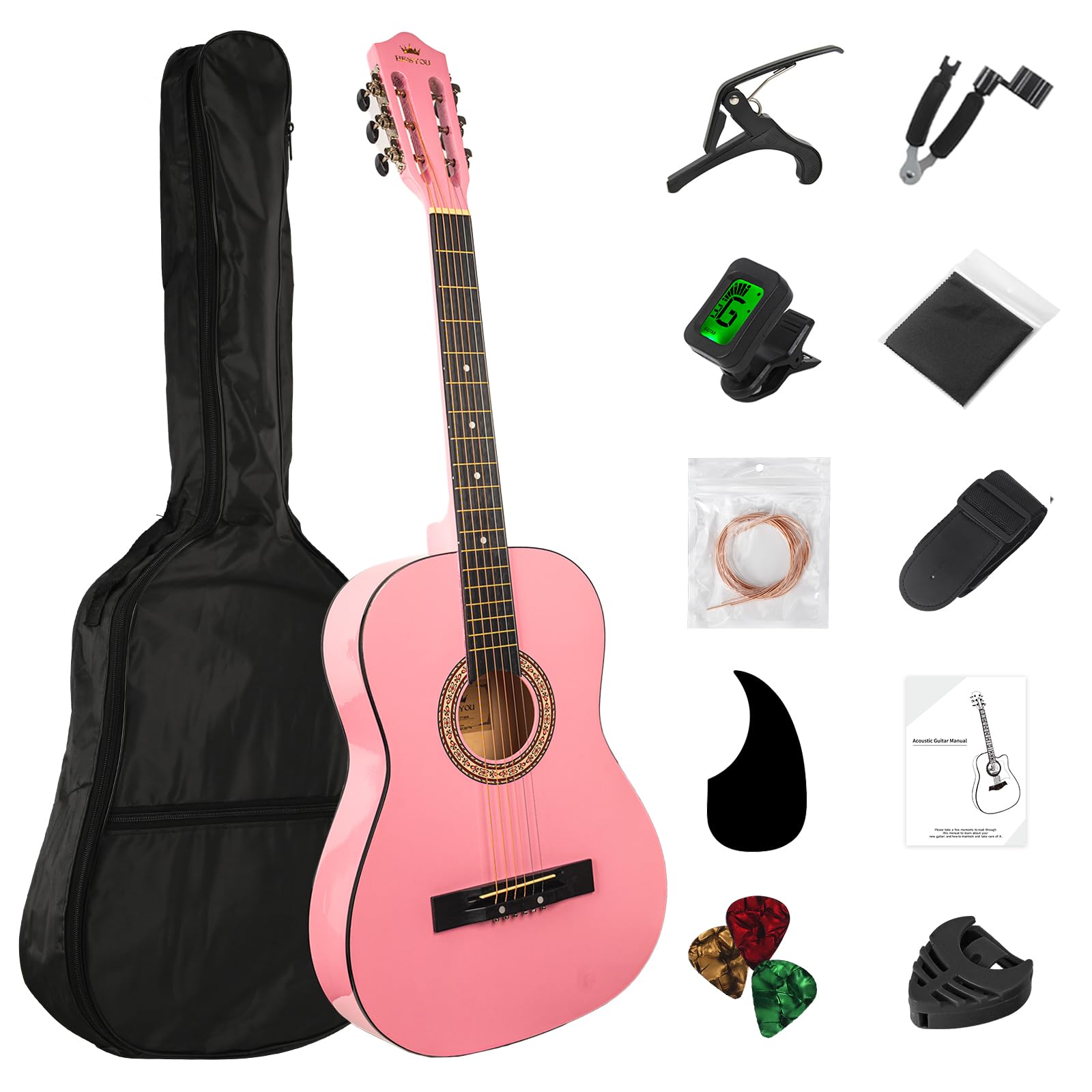 38in Beginner Acoustic Guitar Basic Starter Kit Tuner Bag Capo Strings Winders Strap Picks Student/Kids Guitar Pickguard with Gig Bag Pink
