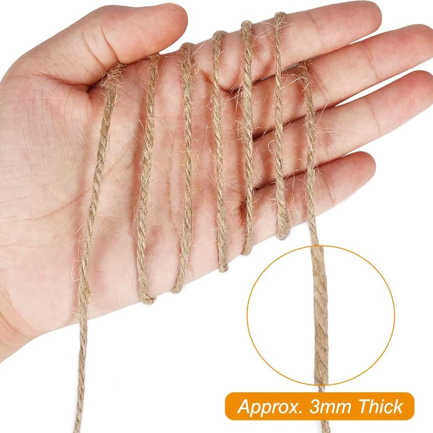 3mm Jute Twine 656 Feet - Natural Thick Rope for Crafting, Gift Wrapping, Gardening, Packing and Wedding Decor - Brown String