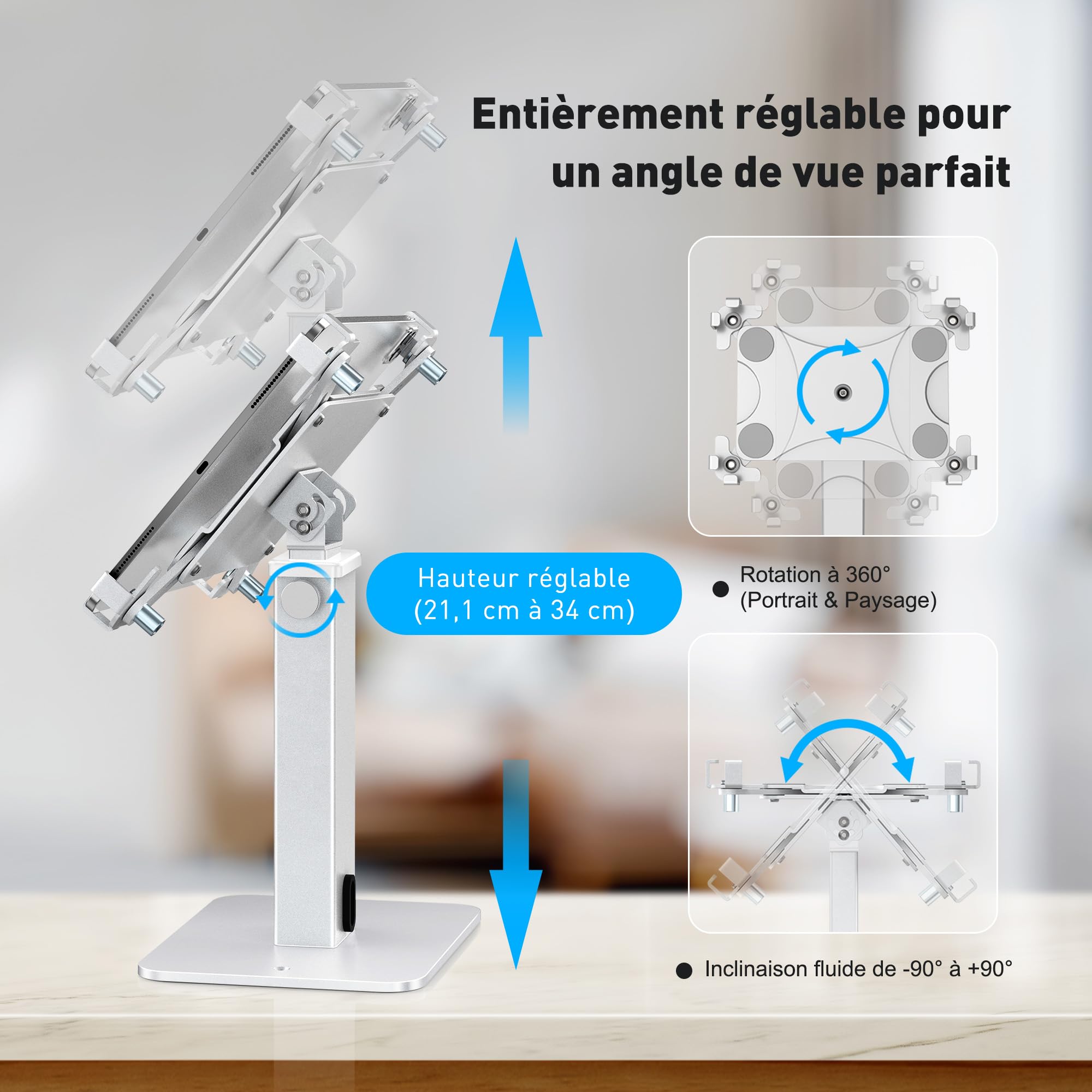 AboveTEK Support Kiosque Antivol pour iPad, Rotation 360°, Hauteur Réglable 21-34cm, Acier/Aluminium Robuste, pour Tablettes 9.7"-13", Support POS Sécurisé pour Commerce-Argent