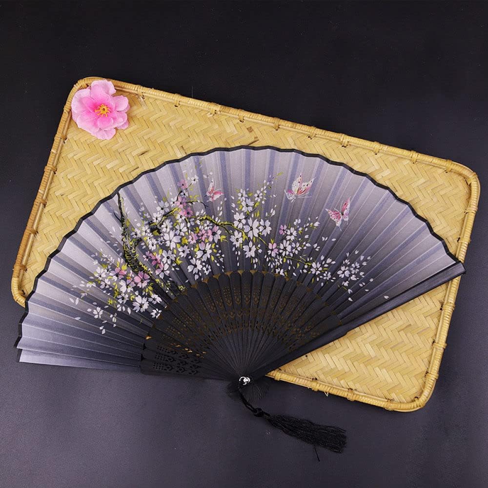 Hand Fan Folding, 2Pc Exquisite Pink Butterfly Floral Hand Fan Foldable with Tassel Grey Handmade Japanese Chinese Fan Home Decorative Folding Fans for Dance Wedding Gift