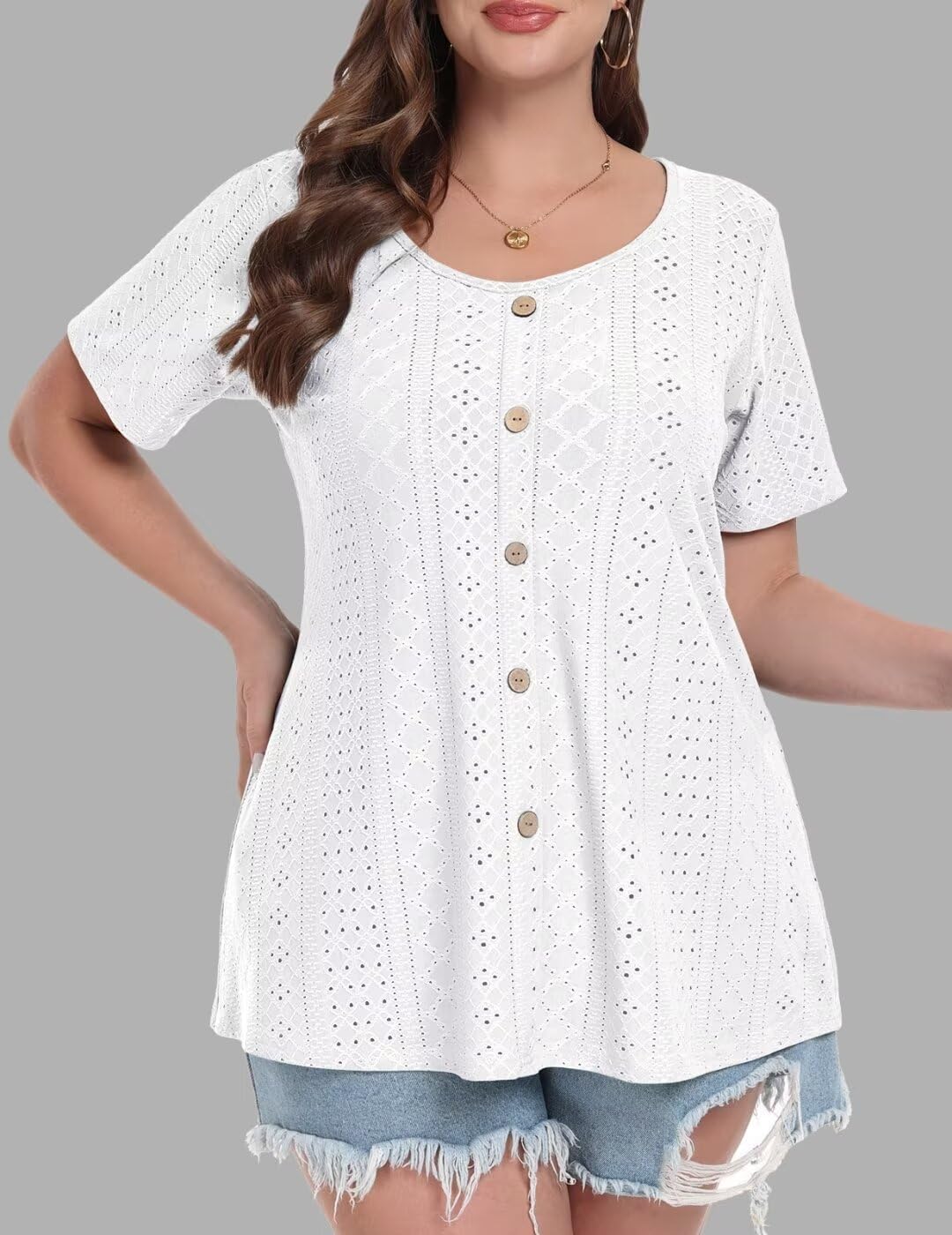 MONNURO Womens Plus Size Tops Summer Eyelet Short Sleeve Tunic Shirts Button Decor Loose Casual Blouses for Leggings(White,3X) - Image 2