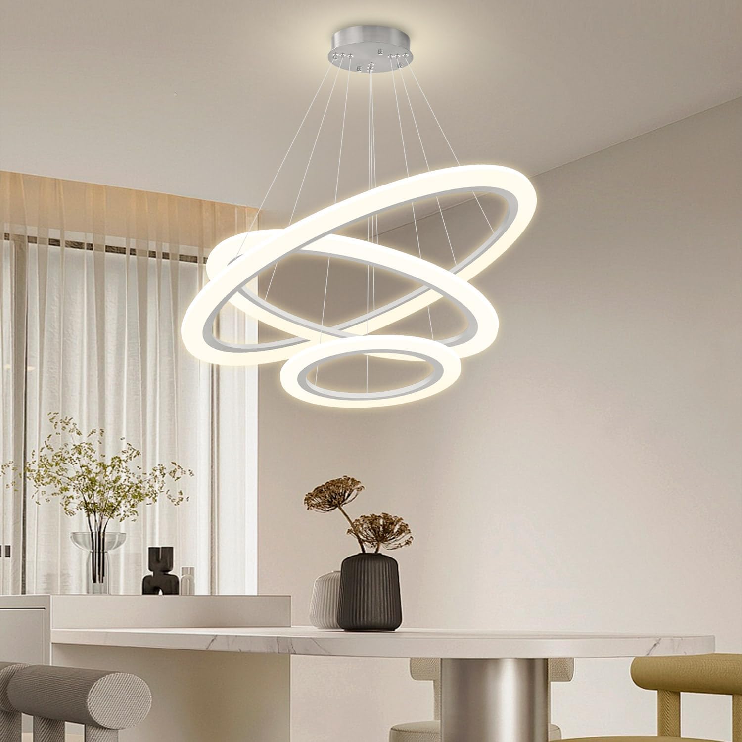 Modern LED Chandelier 3 Ring Chandelier for Dining Room Living Room Pendant Lighting High Ceiling Hanging Light Fixture for Bedroom Foyer Silver
