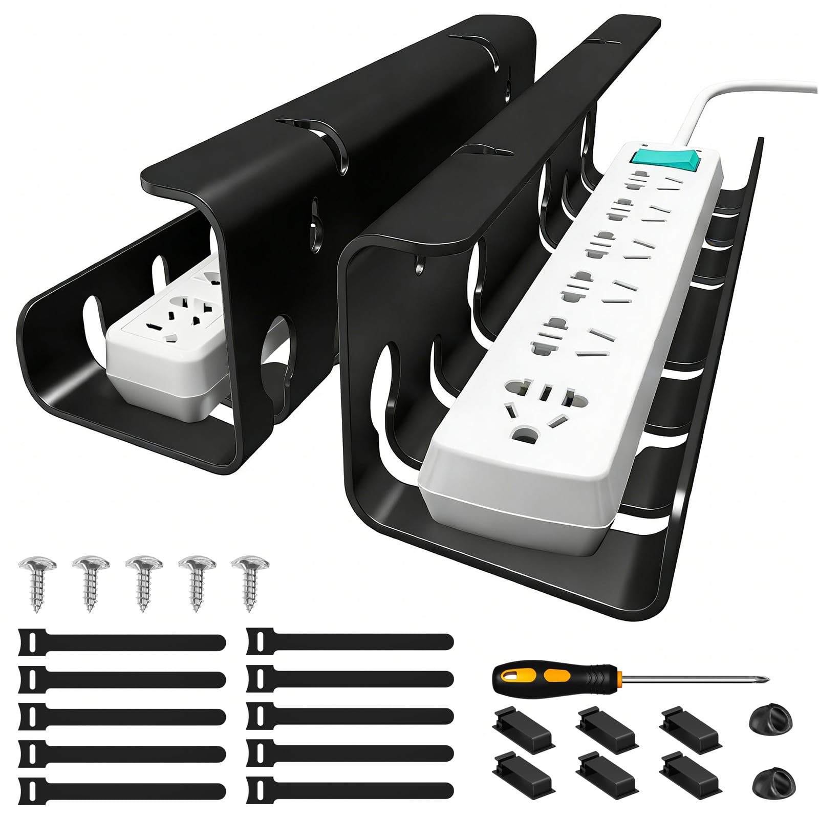 7 code Cable Management Under Desk, Set of 2 Stainless Steel Cable Organizer with Desk Accessories, Under Desk Storage, Cable Ties Cord Organizer, Desk Cable Management Box for Office, Home, Black