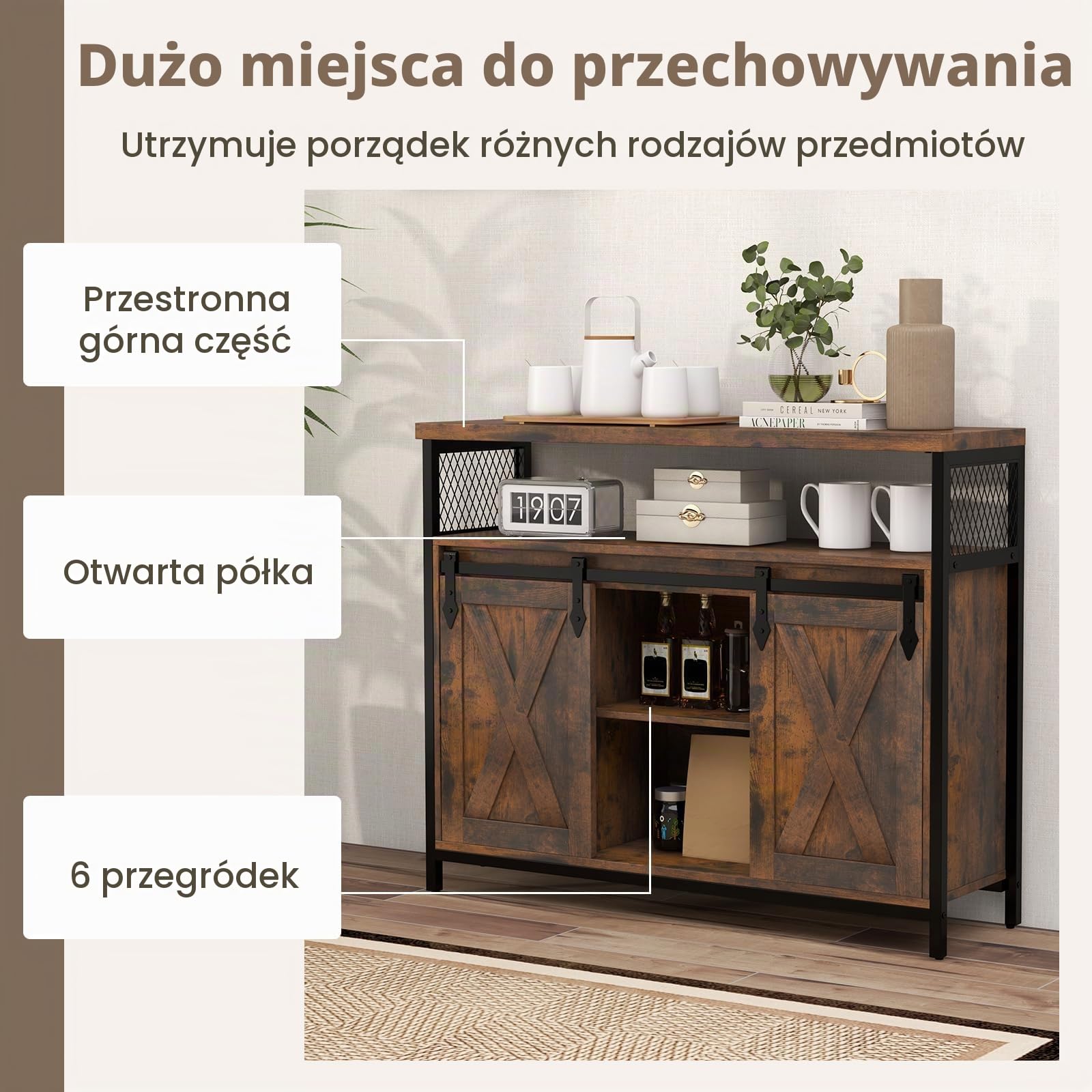 COSTWAY Kredens, szafka kuchenna z 2 drzwiami przesuwnymi i 3-stopniowymi regulowanymi półkami i otwartymi półkami, drewniana komoda do kuchni, jadalni, salonu, przedpokoju, 100 x 33 x 80 cm