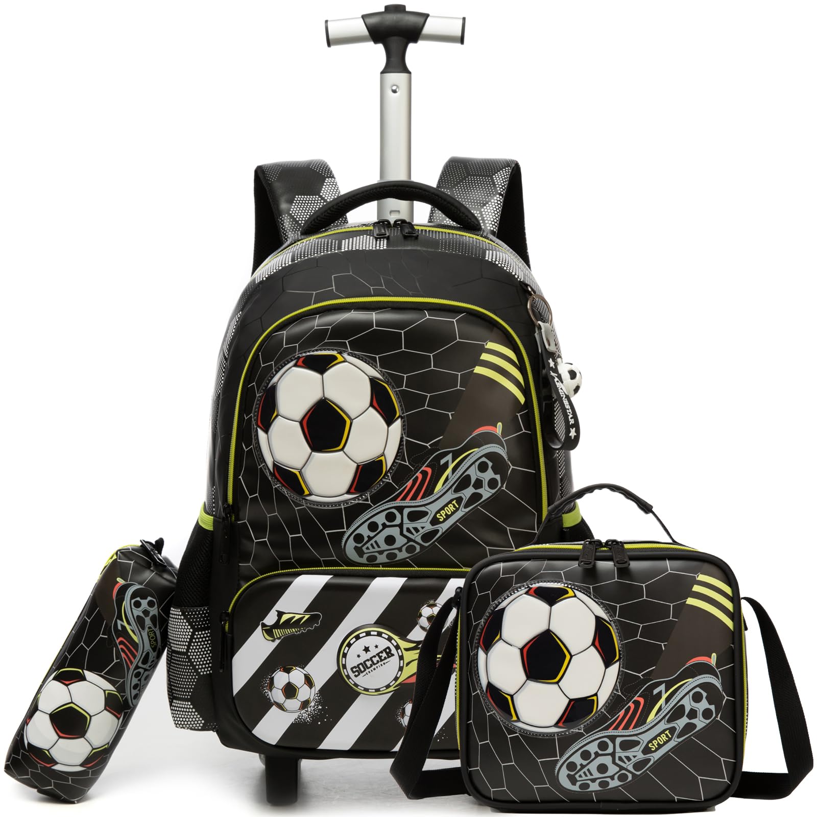 Kinder Rucksack mit Rollen für Jungen die Schule Fußball Koffer Schultrolley Komplett mit Lunchbag Federmäppchen Sätze Geeignet Grundschüler Jugendliche 4-10 Jahre Alt Schwarz