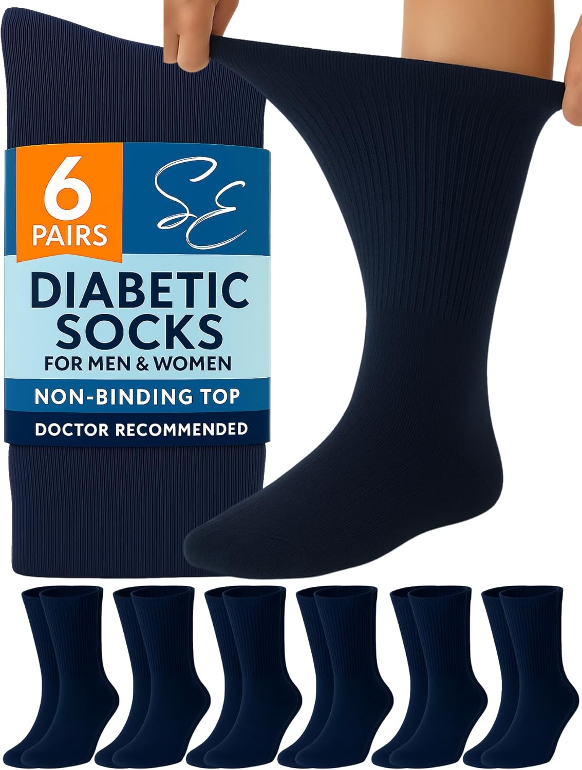 Special Essentials Diabetic Socks for Men & Women – 6 Pairs of Non-Binding Moisture-Wicking Neuropathy Socks – Crew Length