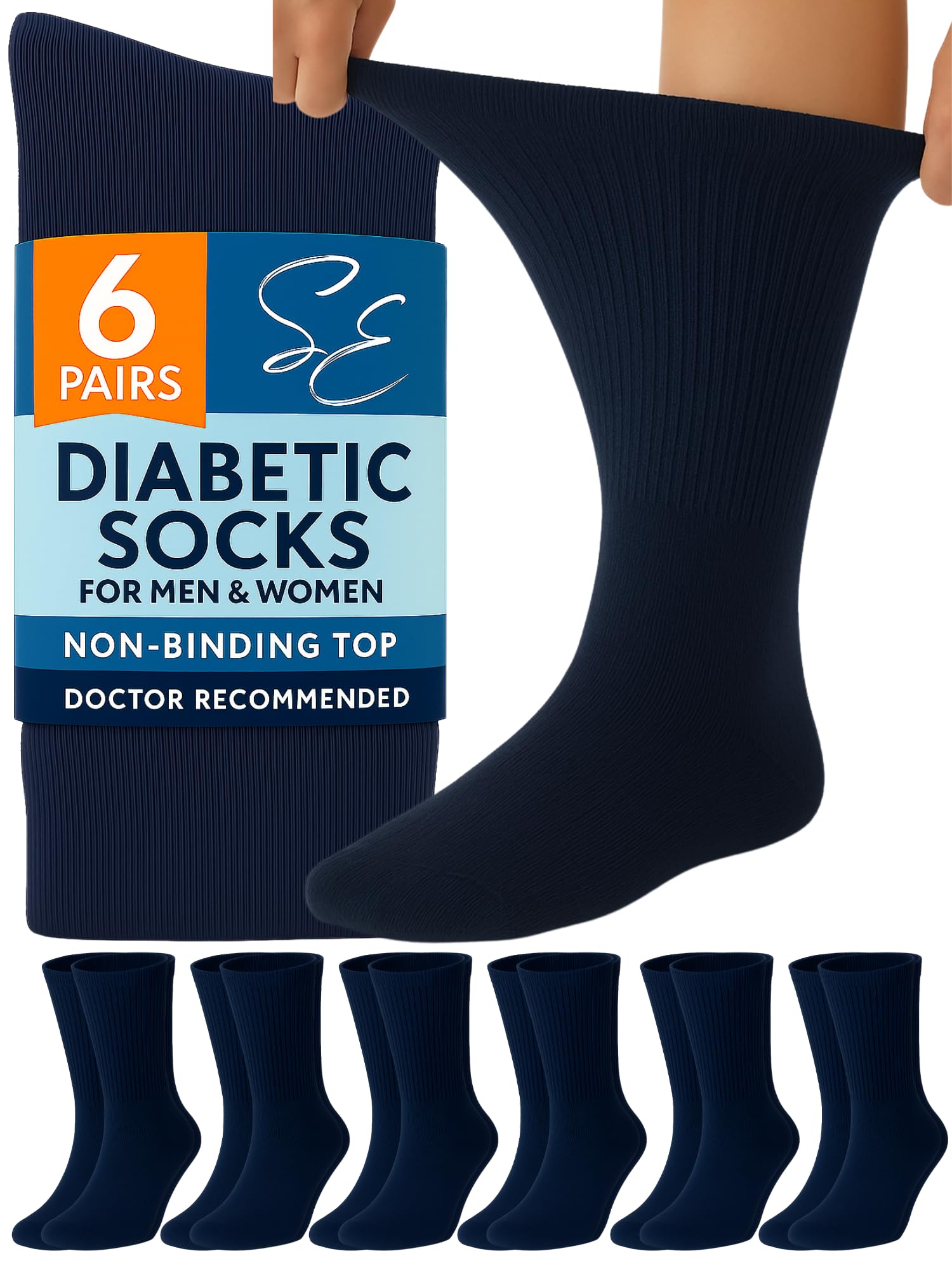 Special Essentials Diabetic Socks for Men & Women – 6 Pairs of Non-Binding Moisture-Wicking Neuropathy Socks – Crew Length, Navy, Medium