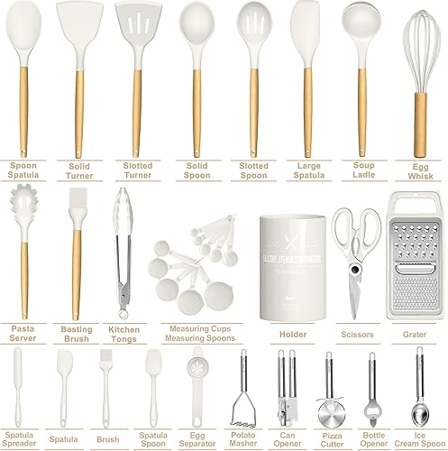 Miniatura 5 de Umite Chef Juego de utensilios de cocina de silicona, 34 piezas resistentes al calor y herramientas con rallador, asas de madera blanca crema para
