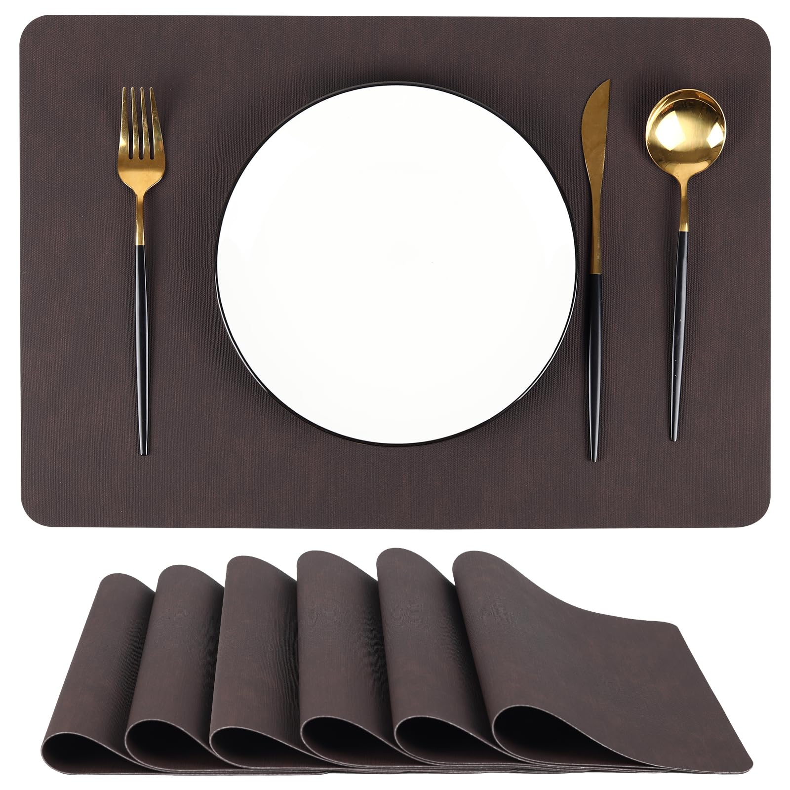Luxury Brown Faux Leather Placemats Set of 6 – Heat Resistant, Waterproof, Non-Slip, Wipeable, Stain-Resistant Table Mats – Modern Dining Table Décor,