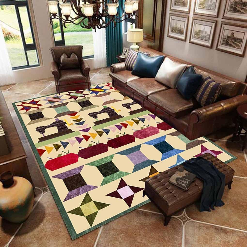 Oriental Sewing Style Pattern Rugs for Entrance Kitchen Non-Slip Low Pile Sewing Machine Themed Area Rug Home Decor Fun Fashion Geometric Triangle Elements Print Carpet 3'x5'