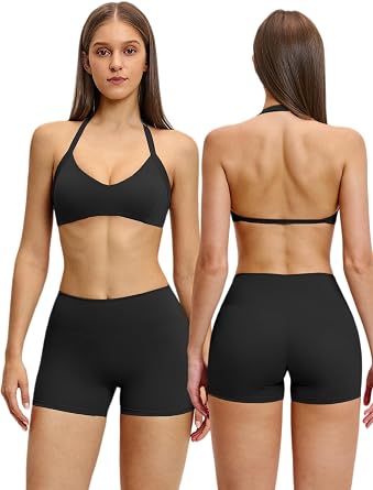 Workout Sets for Women Spaghetti Strap V Neck Tank Top & Crossover Waist Biker Shorts 2 Piece Gym Yoga Pilates Outfits