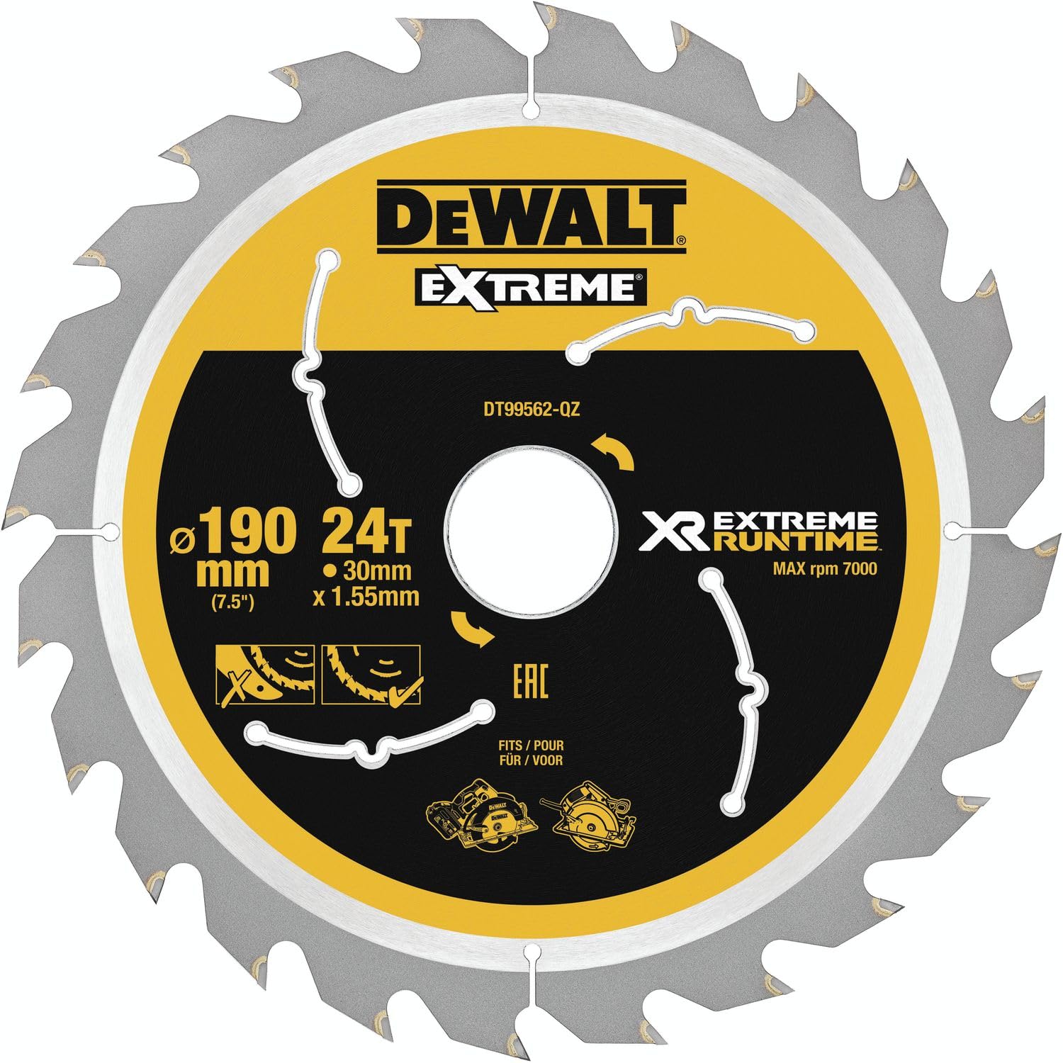 Dewalt XR Extreme Runtime DT99562-QZ ręczna pilarka tarczowa, 1 sztuka, 190/30 mm 24 WZ/FZ, DT99562-QZ