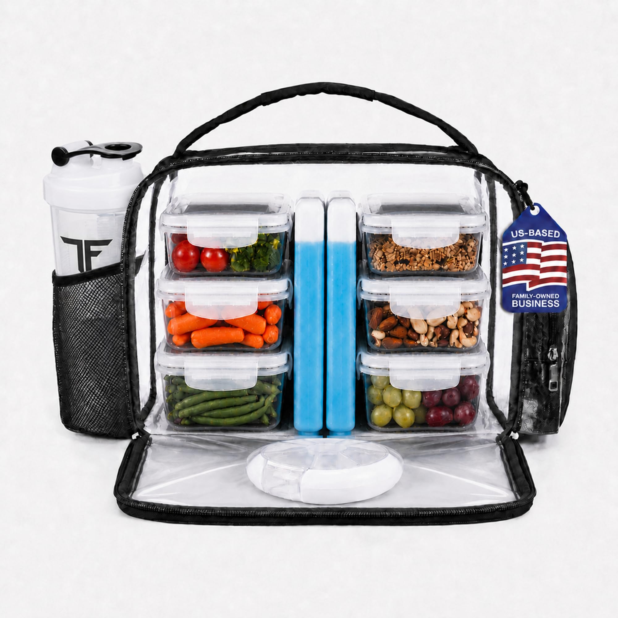 ThinkFit Borsa per il pranzo trasparente con 6 contenitori per la preparazione dei pasti, senza BPA, riutilizzabile, adatta al microonde e al freezer, con shaker e molto altro ancora, trasparente, per