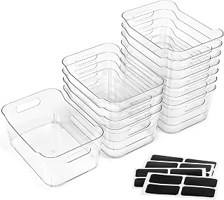 12 Pack Clear Plastic Storage Bins with Labels - Multi-Use Organizers for Kitchen Pantry Fridge Bathroom Office SOHO Collection