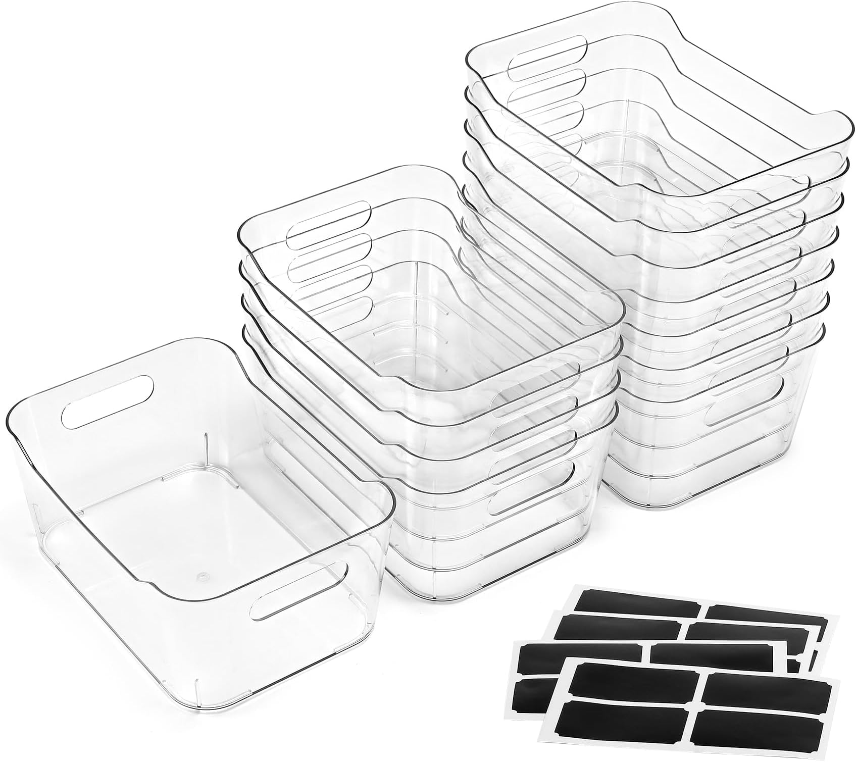 12 PACK Multi-Use Clear Plastic Storage Bins for Organizing w/ Labels - Home, Kitchen, Bathroom, Office, Pantry Cabinet Shelf Organizer Bins - SOHO Collection, RV, Fridge Organization Containers