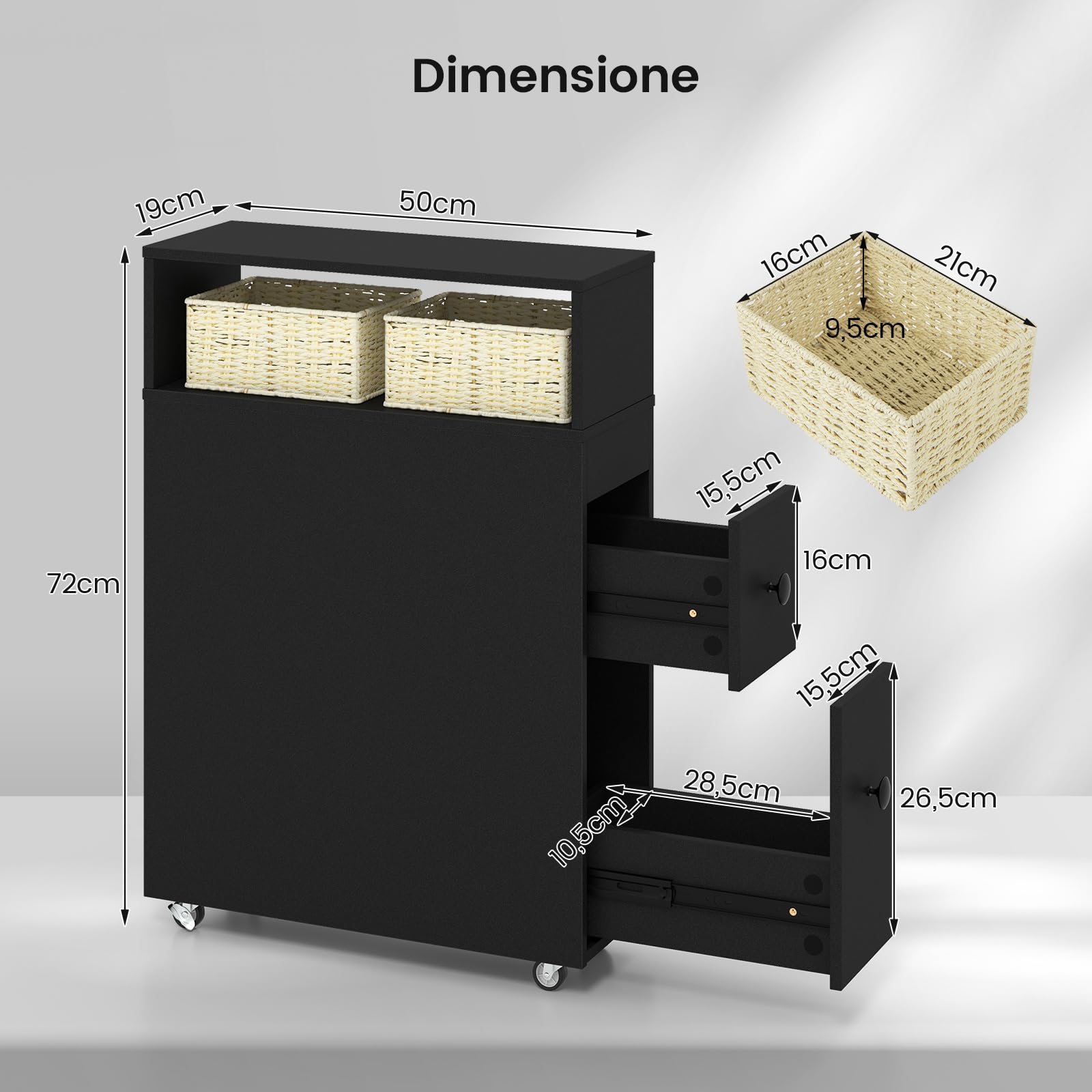 COSTWAY Mobile Bagno 50 x 19 x 72 cm, Arredo Salvaspazio con 2 Cassetti, 2 Cesti in Rattan, Ruote e Ripiani, Armadietto Stretto per Spazi Ridotti, Salotto e Cucina (Nero)