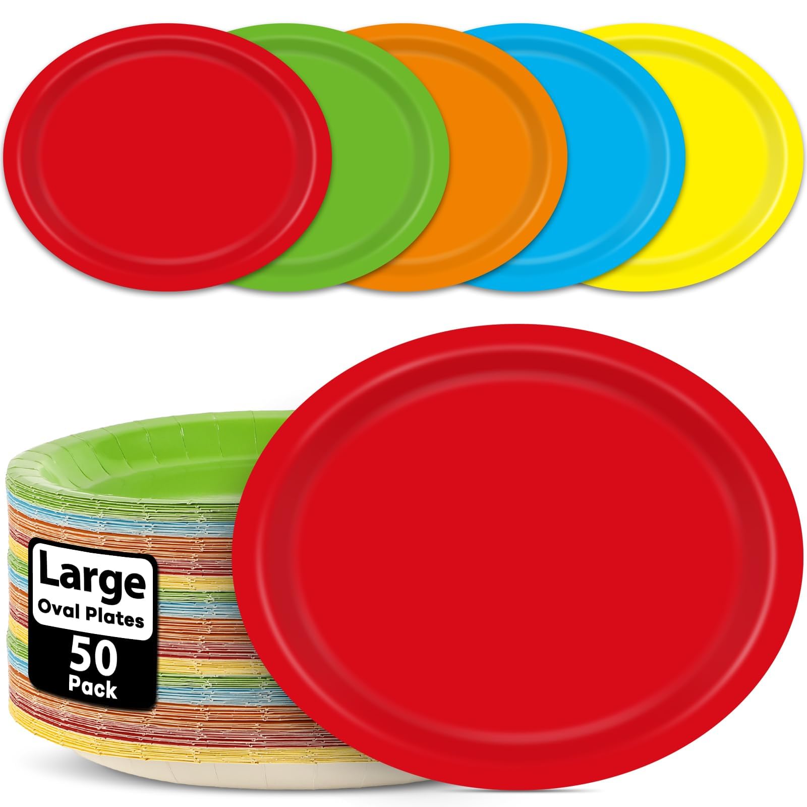 Qyeahkj 50 PCS Colorful Oval Paper Plates 11" Large Colorful Rainbow Party Supplies,5 Classic Colors Disposable Platter for BBQ Gathering Picnic