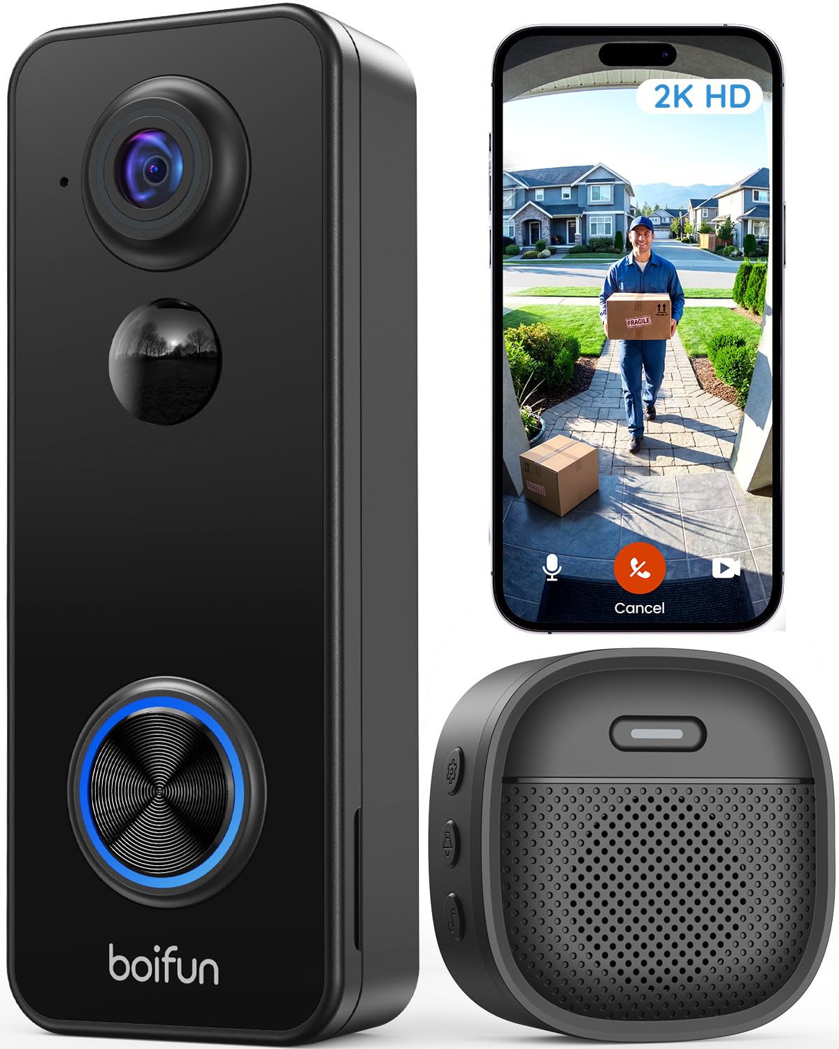 BOIFUN 2K Video Doorbell Camera Wireless No Monthly Fee