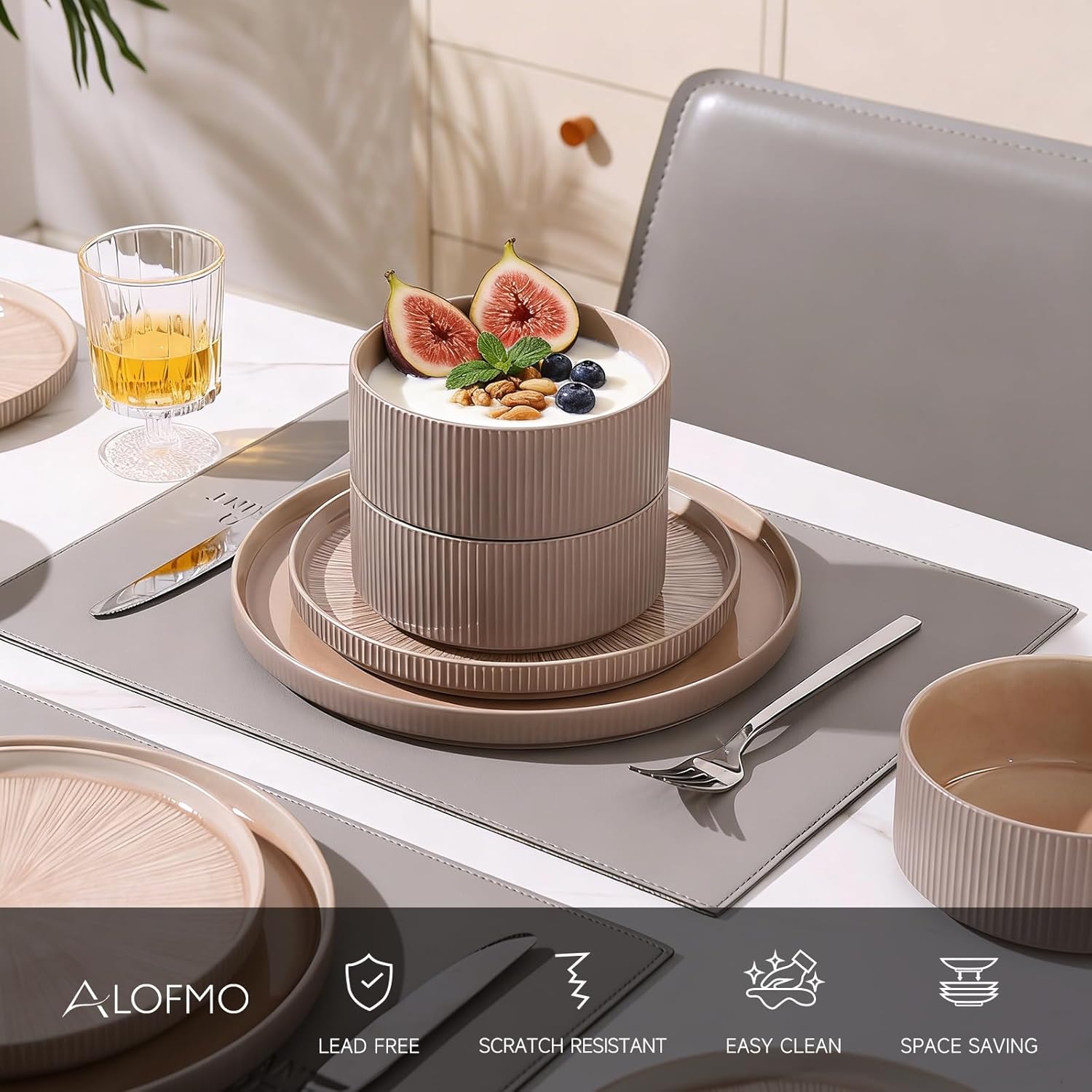 Dinnerware Sets for 4, Ceramic Plates and Bowls Set 12 Piece Dinnerware Chip Resistant Stoneware, Dishwasher and Microwave Safe-Brown