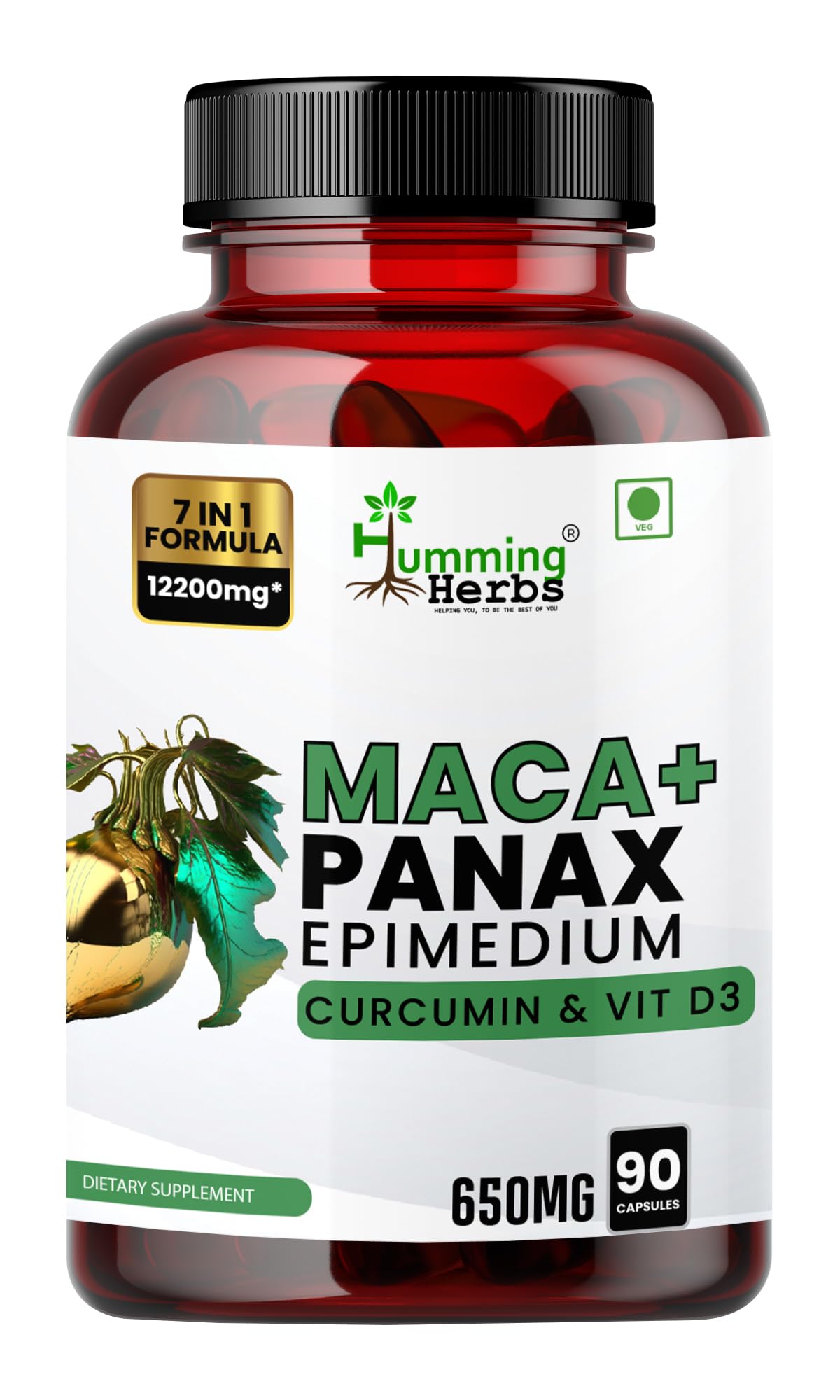 Humming Herbs Maca with Panax Ginseng Supplements 7200mg | Maca Root Extract Powder | Increase Stamina and Build Muscle - 90 Capsules