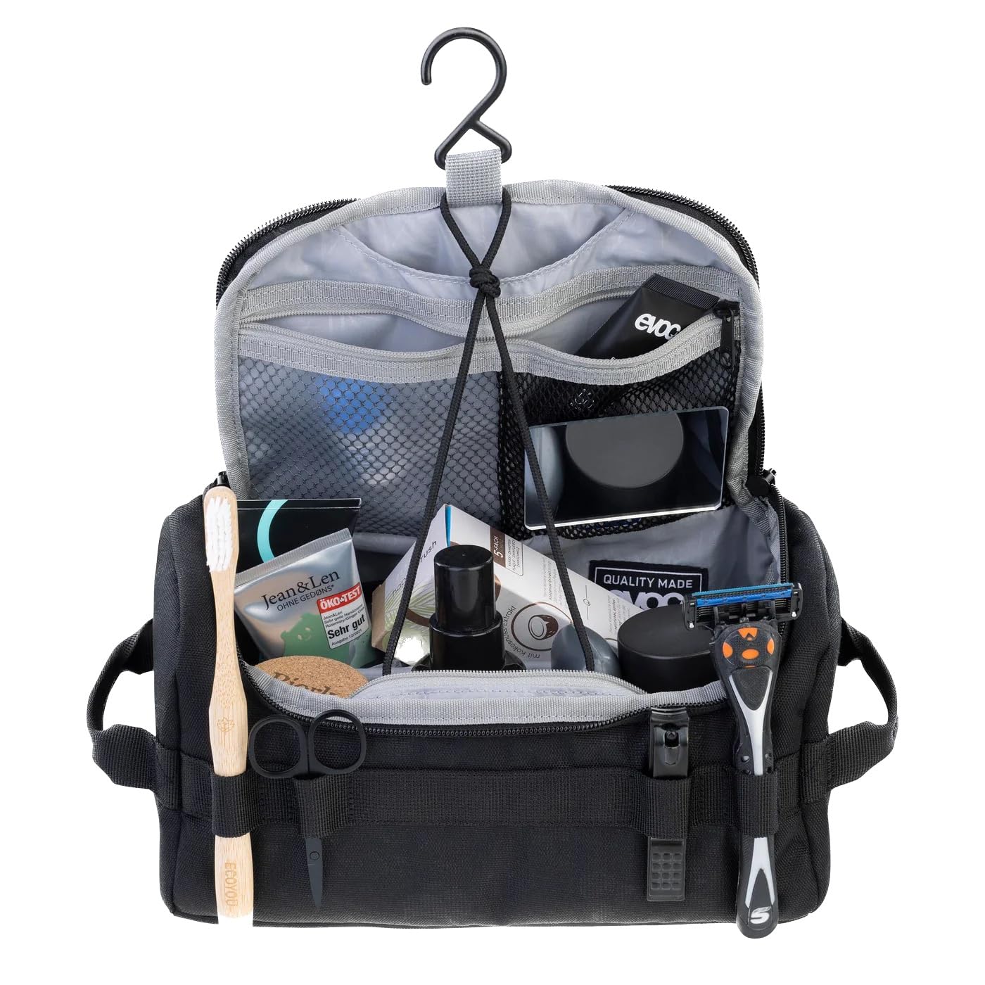 EVOC WASH BAG Torba na kosmetyki, kosmetyczka na co dzień w podróży (przegródki organizacyjne z indywidualnym podziałem przestrzeni, wyjmowane lusterko, torba na kosmetyki do zawieszenia), czarna