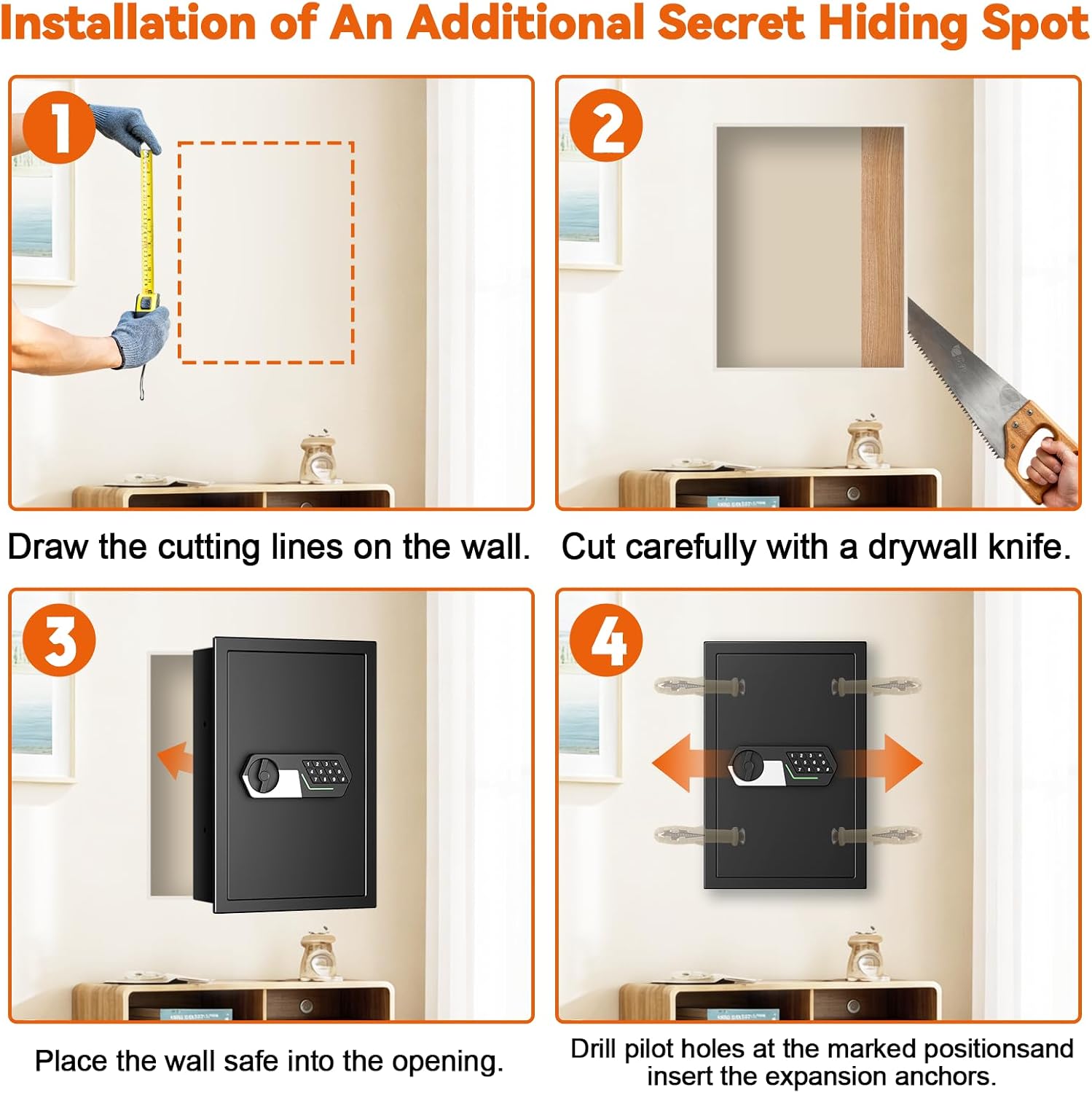 22'' Tall Fireproof Wall Safes Between the Studs, Fire Security In Wall Safe with Digital Keypad, 2 Removable Shelves and Fireproof Bag, Anti-Theft Hidden Safe for Home, Pistols, Cash, Documents