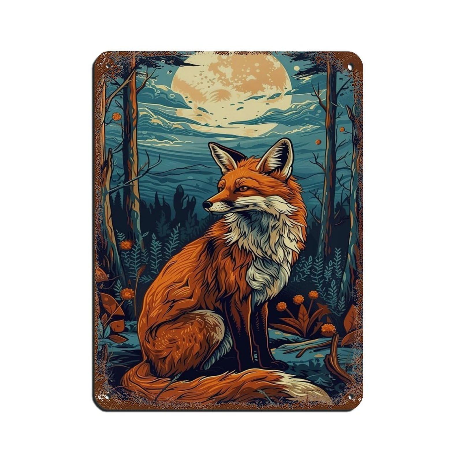 Vintage Country Fox Painting Poster, Gothic Fox Art Tin Sign Vintage Metal Pub Club Cafe Bar Home Wall Art Decoration Poster Retro 12x16inch(30x40cm)