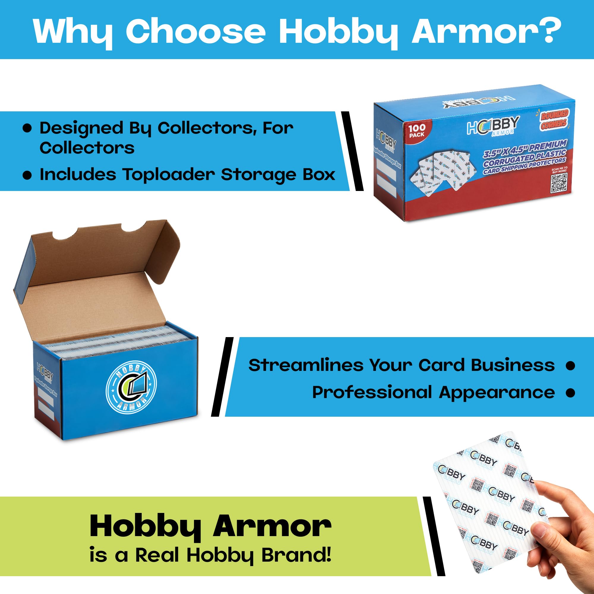 Hobby Armor - Paquete de 100 protectores de envío de tarjetas coleccionables de plástico, 3.5 x 4.5 pulgadas con esquinas redondeadas, plástico translúcido y protector de tarjetas multicolor vibrante