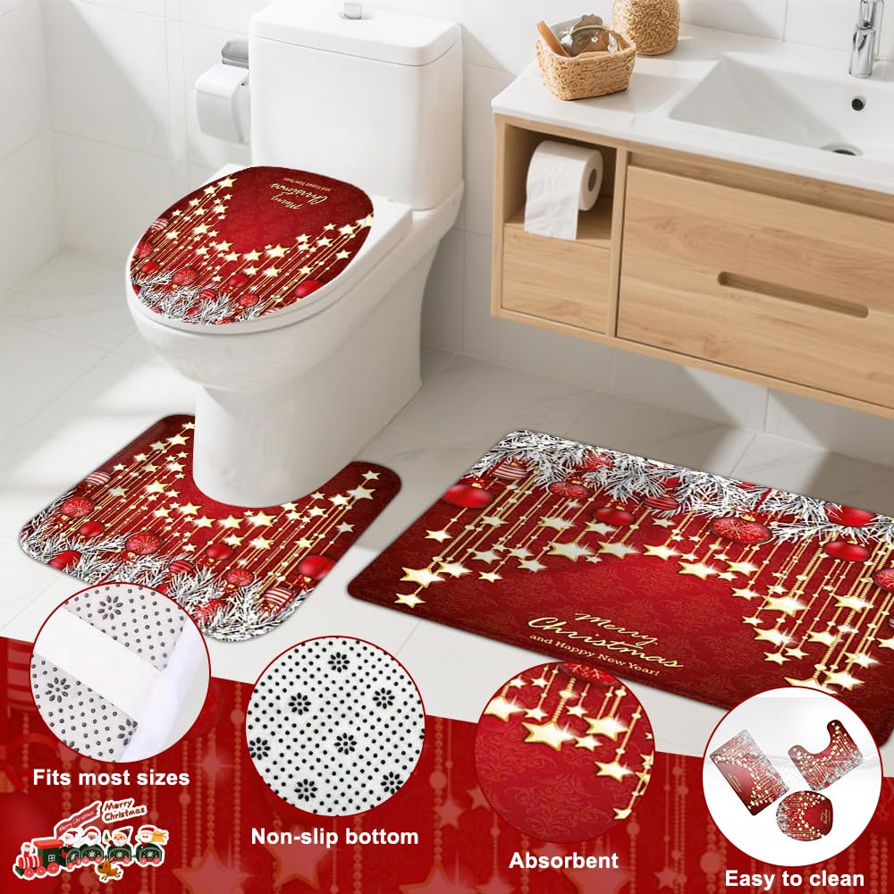 Ensemble de Rideaux de Douche de Noël, 4 Ensembles de Salle de Bain Noël avec Rideau de Douche(180x180cm), Tapis Couvercle de Toilette, U-förmiger Badematte, Tapis-Sol sans Glissement