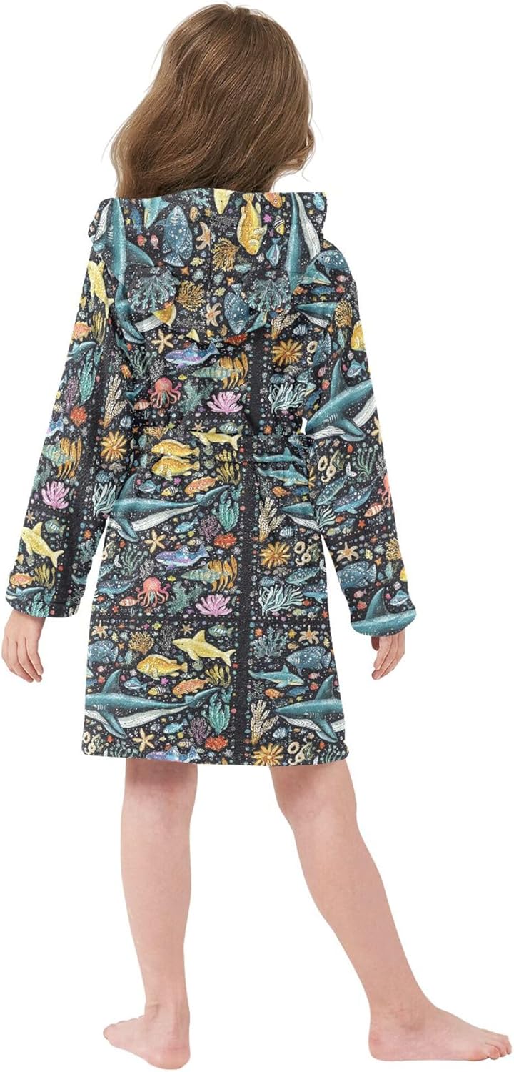 Sharks Dolphins Octopi Crab Fishes Bathrobe Hooded PJ Robe Soft Fleece Robe Pajama Sleepwear 2-12 Years