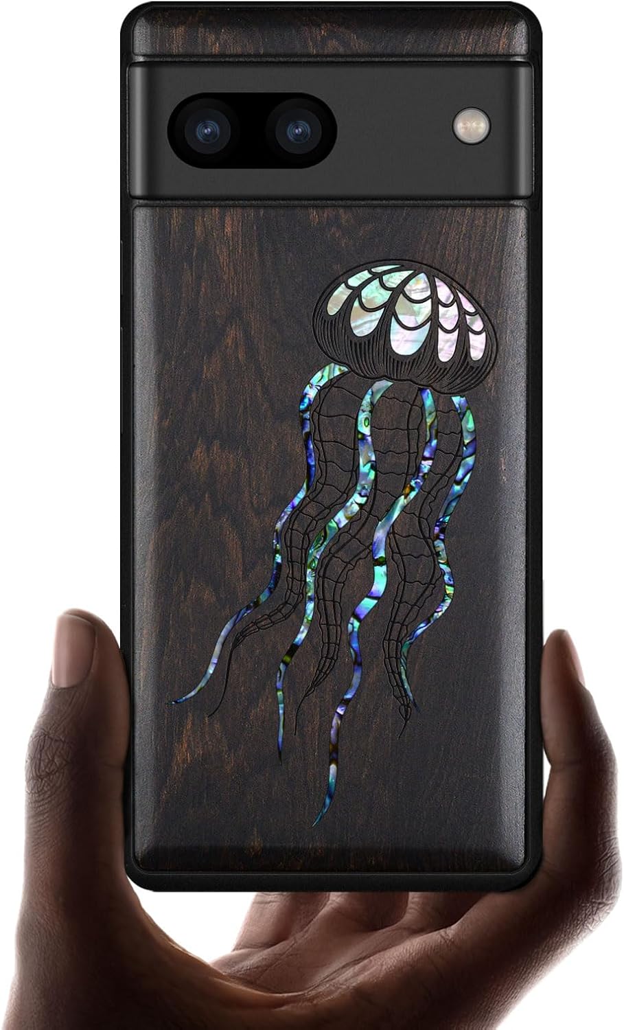 Carveit Designer Wooden Case for Google Pixel 7a Case [Wood Engraving & Shell Inlay] Compatible with Wireless Chargers Pixel 7a (Art Jellyfish-Blackwood)