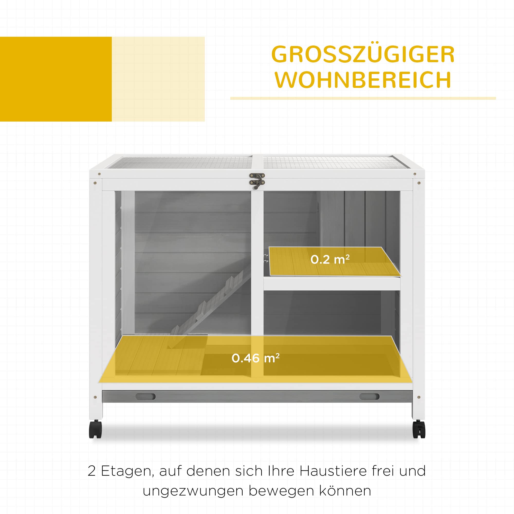 PawHut Kaninchenstall aus Holz 2 Etagen für Innen 91,5 x 53,3 x 73 cm Grau | Freilaufgehege, Rädern, Klappdach, Rampe, Tablett, Winterfest, Meerschweinchenstall, Indoor Kleintierstall, Kaninchenkäfig