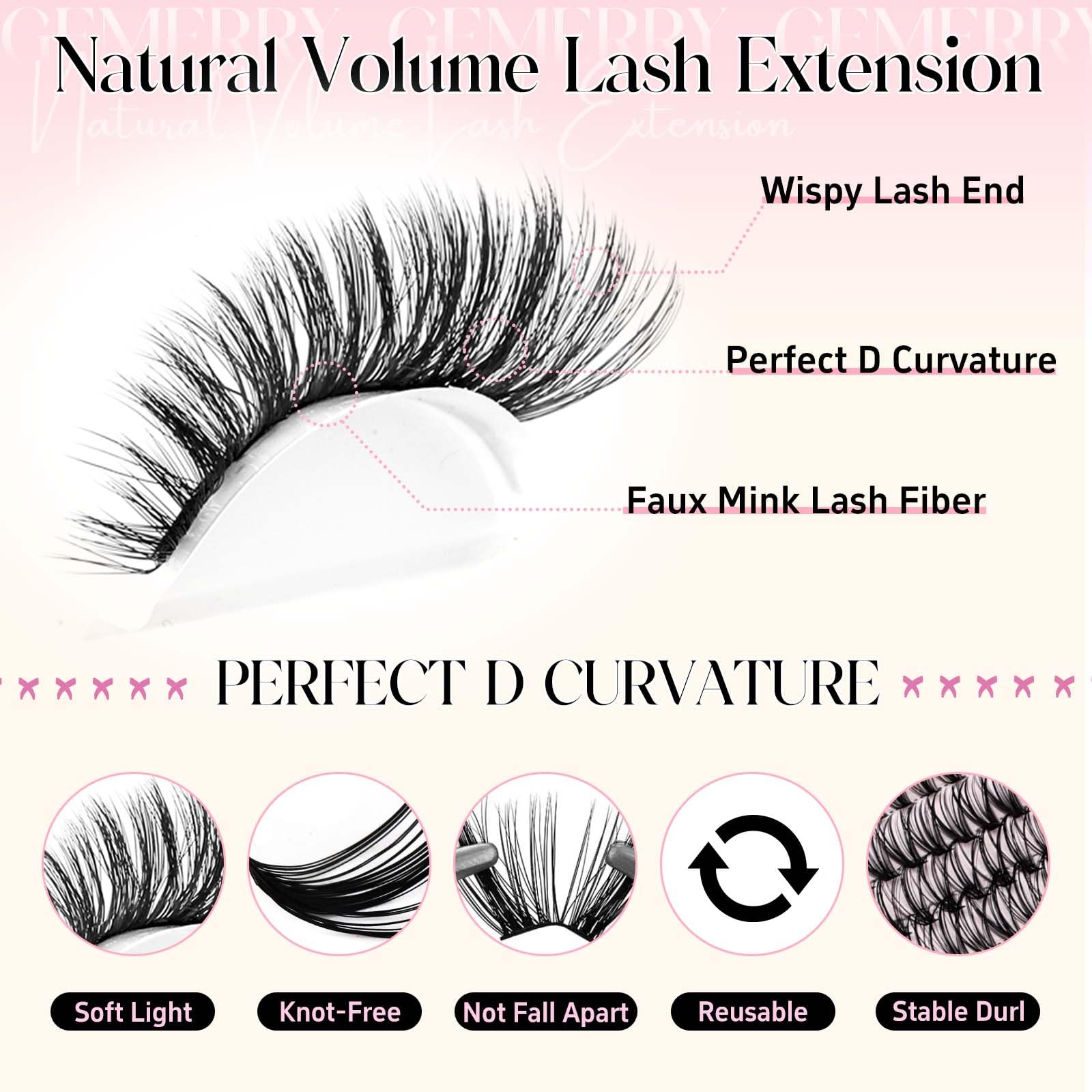GEMERRY Pestañas Postizas 30D+40D+50D+60D+80D+100D D Curl 8-16mm Mix Pestañas Pelo a Pelo para Extensiones de Pestañas Cluster Lashes — view 3