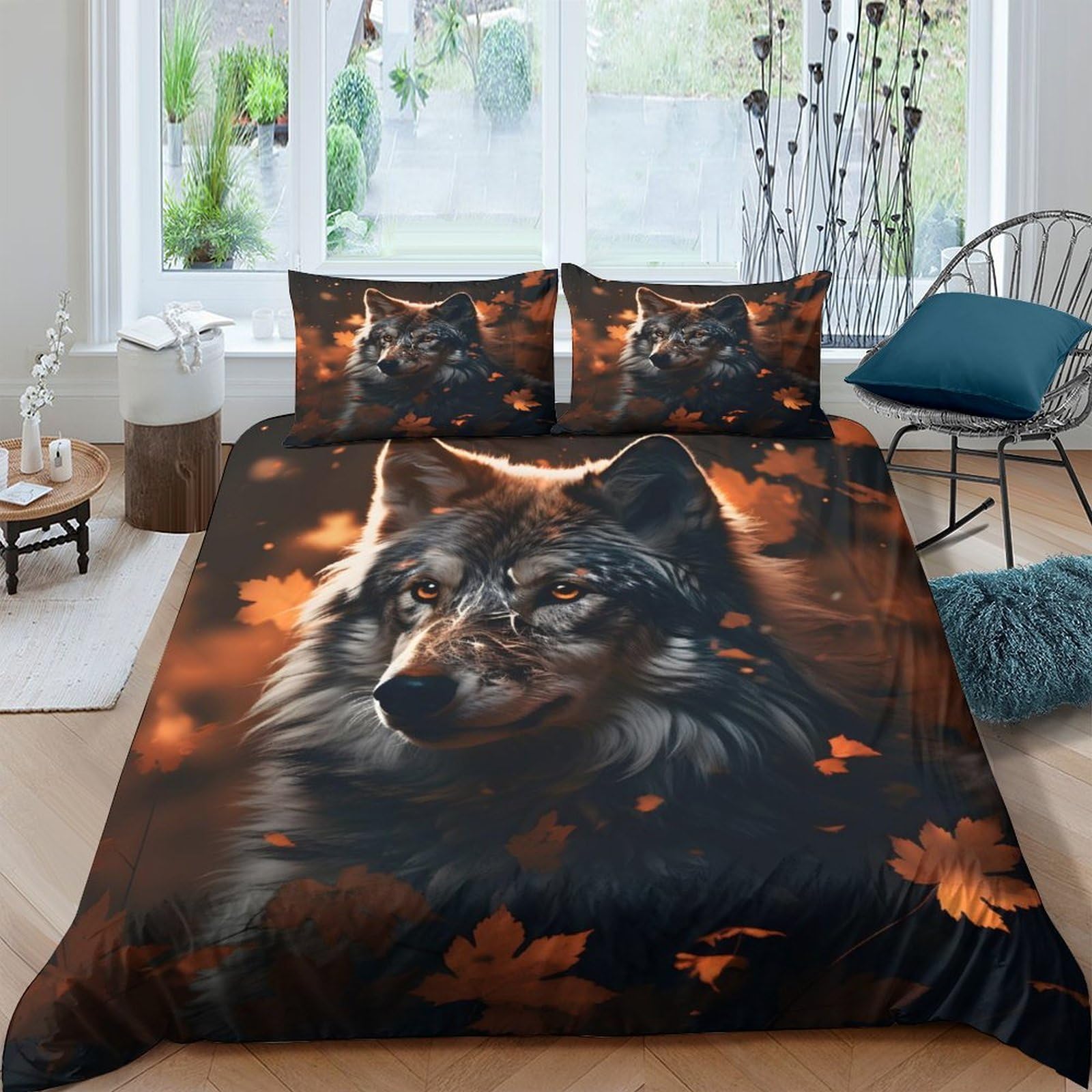 Ctjqhvkz Style-7 3D Printed Autumn Wolf Fitted Sheet Microfiber Soft Breathable Forest Leaves Bed Cover For Bedroom Dorm Decor Single（135X200cm）