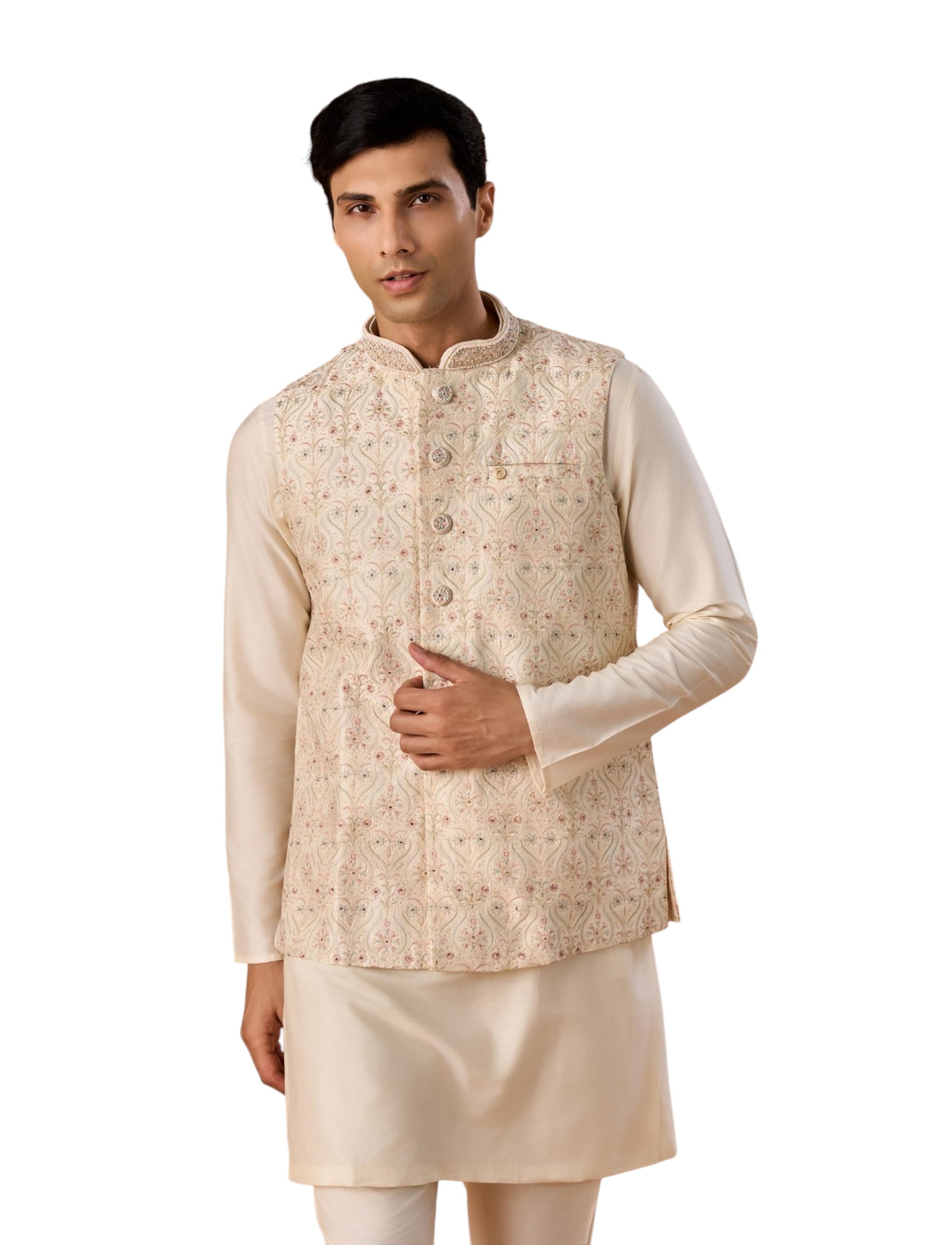 manyavar Men's Art Silk Embroidered & Sequinned Buttoned Nehru Jacket (1pc)-picture-17