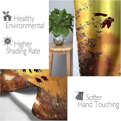 Miniatura 7 de Jekeno Cortinas opacas de árbol de otoño, decoración de habitación de árbol de otoño, luz de luna, mariposa, farol, luciérnaga, con ojales, para