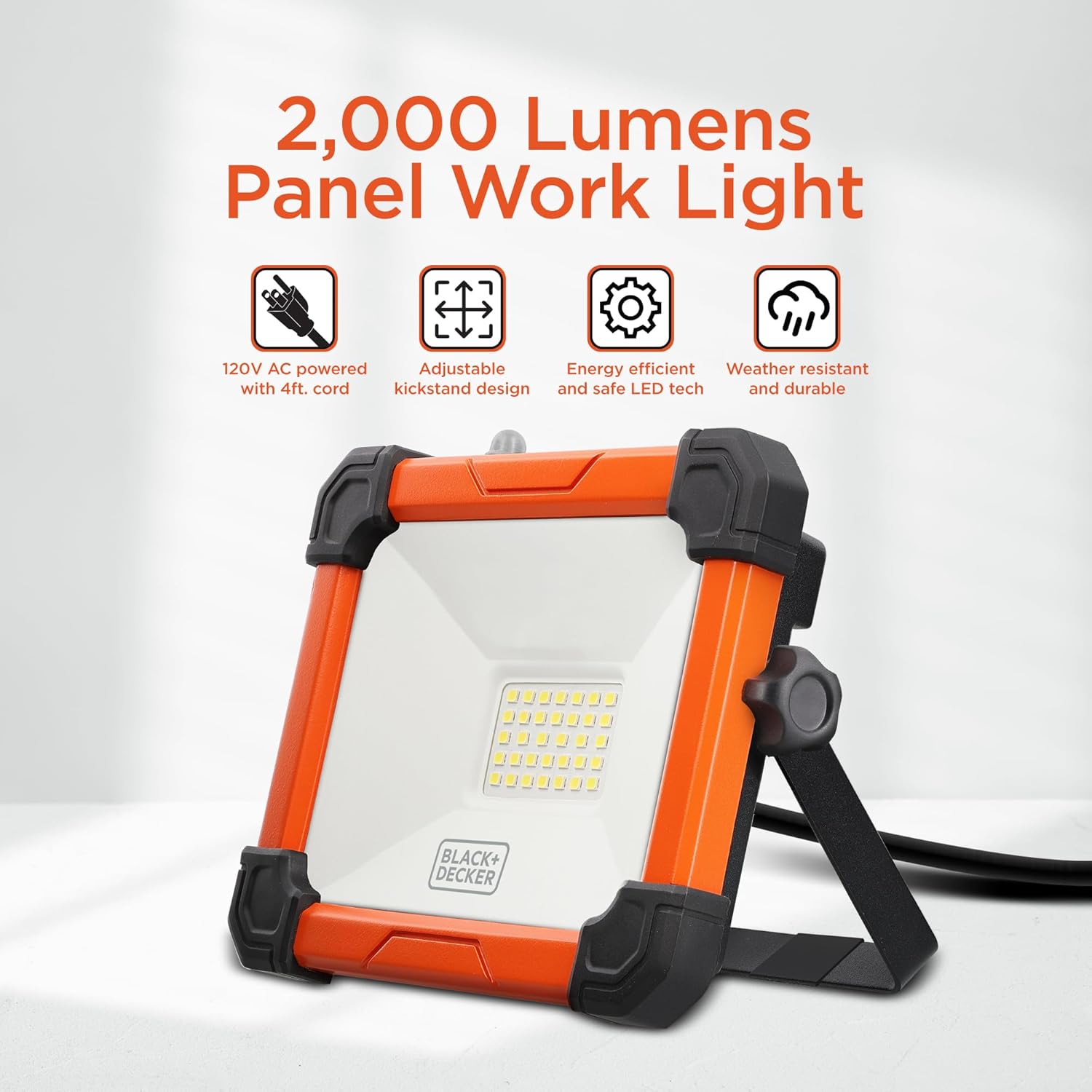 BLACK+DECKER LED Work Light, 2000 Lumens LED Utility Panel Flood Light, IP65 Waterproof, Shock Resistant, 120° Beam Angle, ETL Certified, Adjustable Kickstand, Tripod Compatible, Portable, 120V Plug