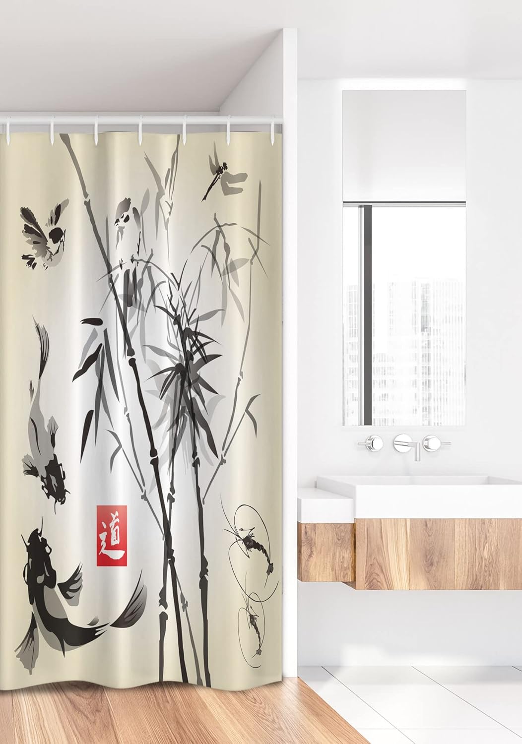 Ambesonne Japanese Stall Shower Curtain, Japanese Traditional Garden Design Wildlife Forest Meditation Origami, Fabric Bathroom Decor Set with Hooks, 36" W x 72" L, White and Black