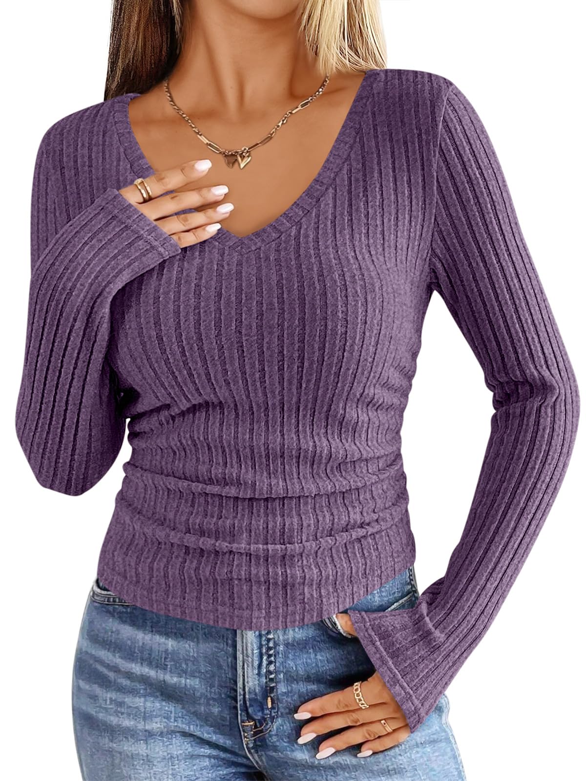 ANRABESS Womens Long Sleeve Shirts V Neck Ribbed Knit Slim Fit Lightweight Sweater 2025 Fall Dressy Casual Travel