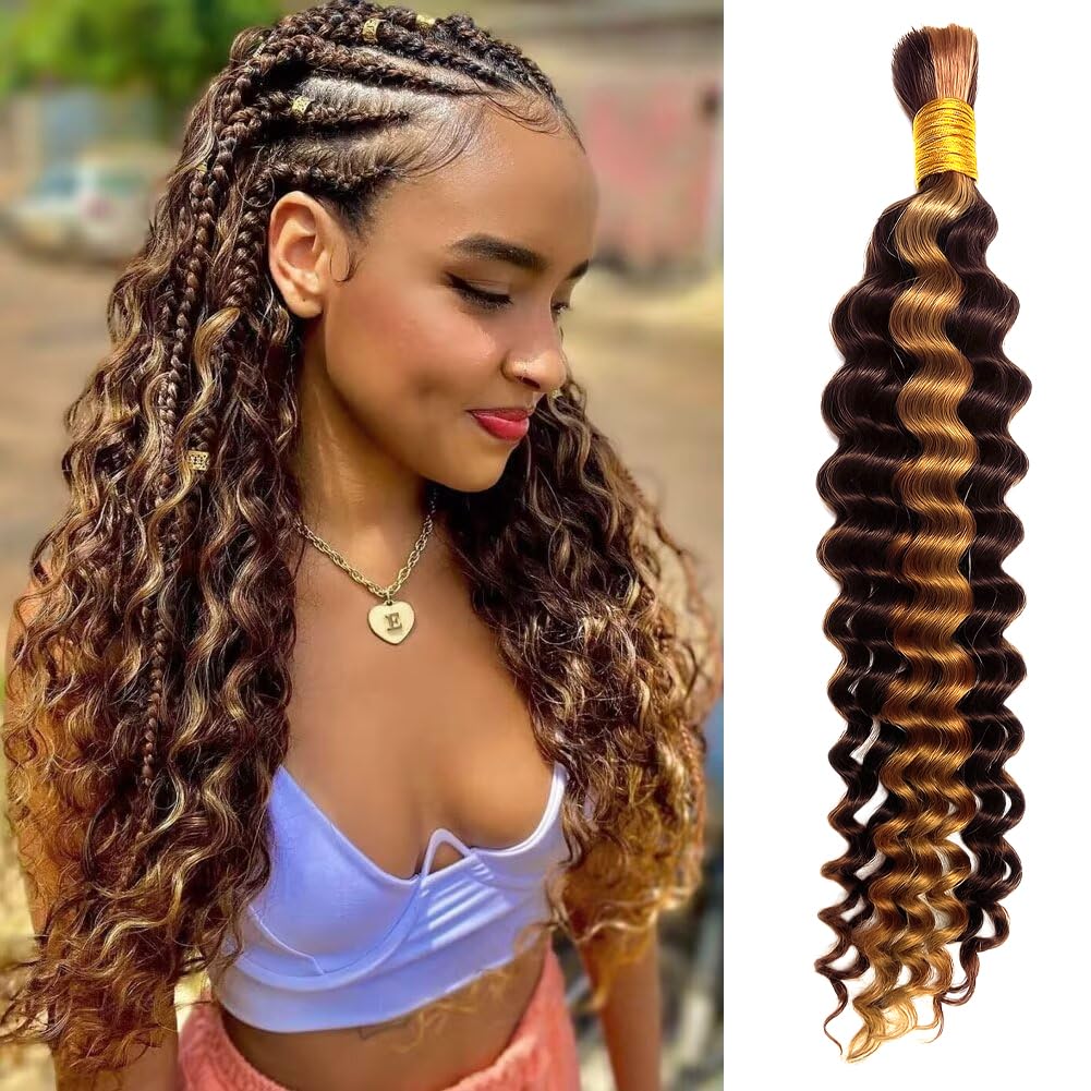 Human Braiding Hair for Boho Braids Hair 50g/1 Bundle Deep Wave Bulk for Braiding No Weft 100% Unprocessed Brazilian Virgin Human Hair Extensions Bohemian Knotless Braids P4/27 Color (26 inch/50g)